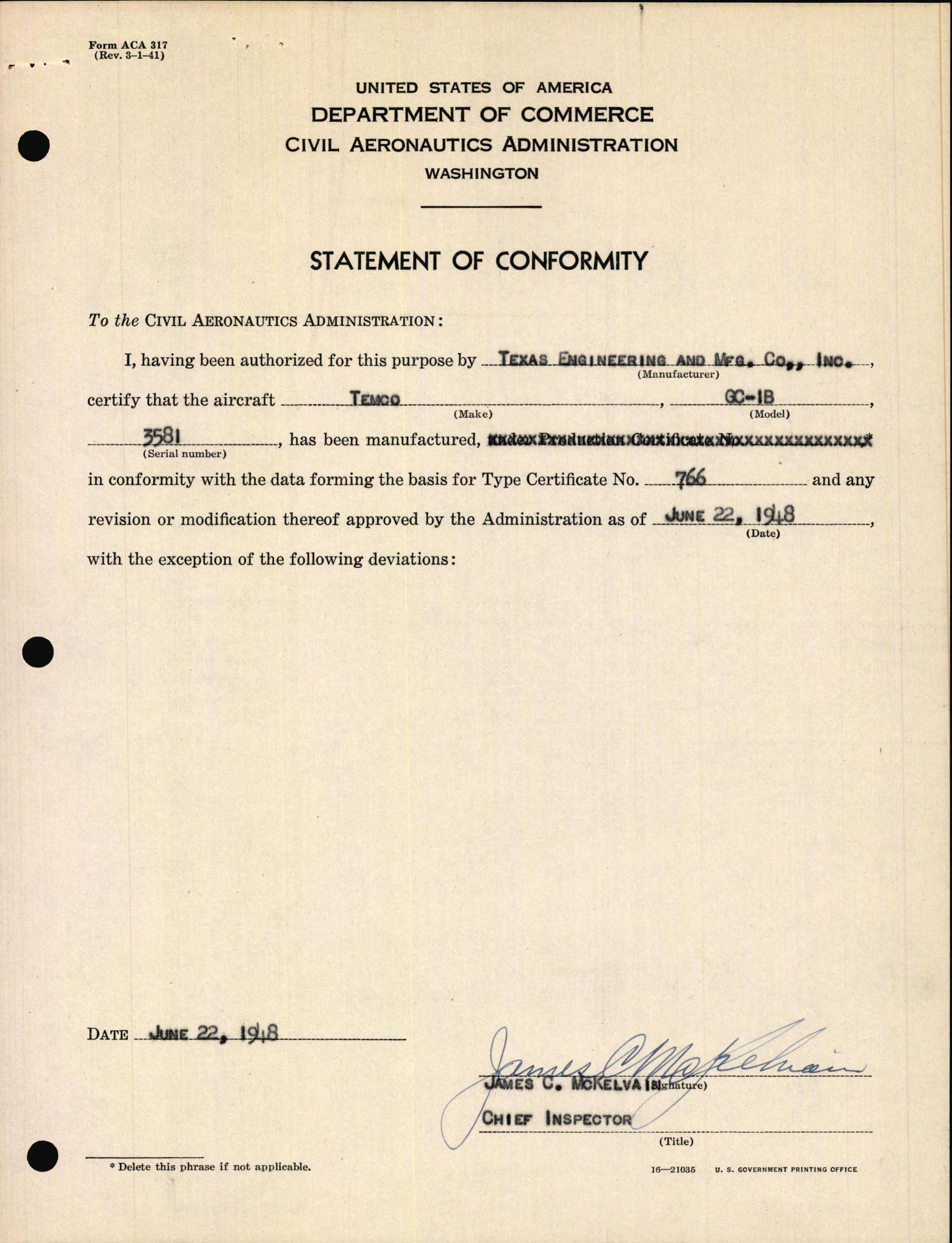 Sample page 3 from AirCorps Library document: Technical Information for Serial Number 3581