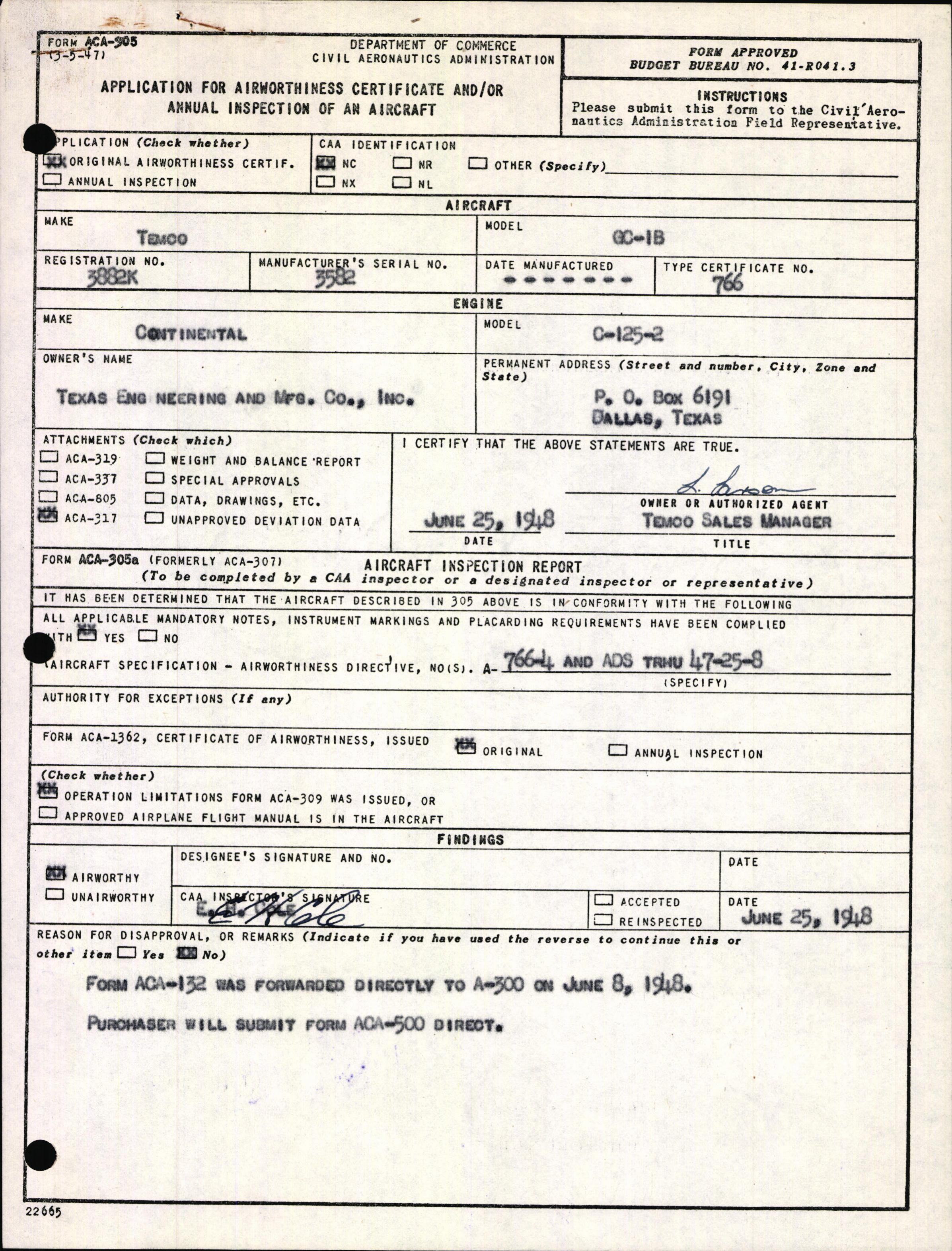 Sample page 1 from AirCorps Library document: Technical Information for Serial Number 3582