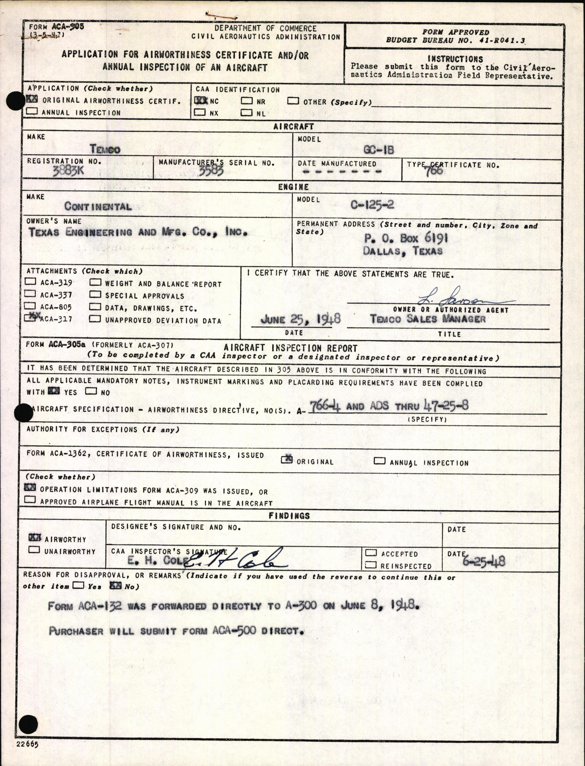 Sample page 1 from AirCorps Library document: Technical Information for Serial Number 3583