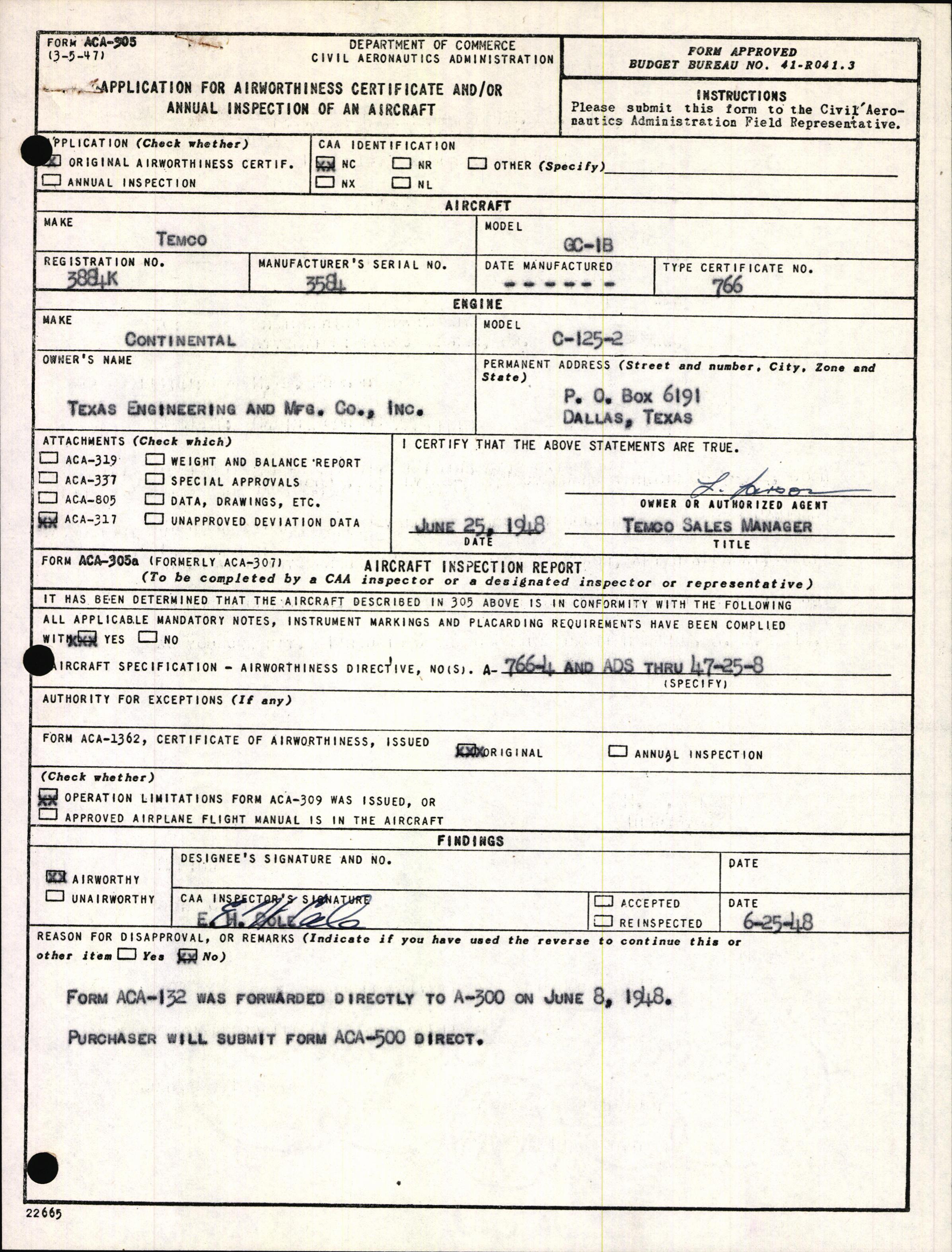 Sample page 1 from AirCorps Library document: Technical Information for Serial Number 3584