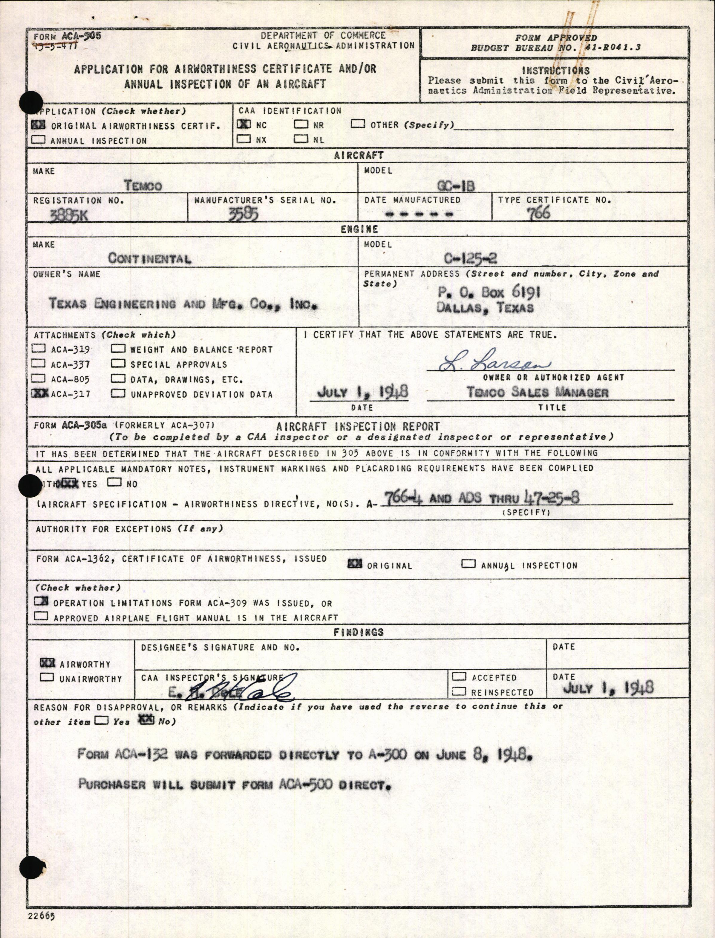 Sample page 1 from AirCorps Library document: Technical Information for Serial Number 3585