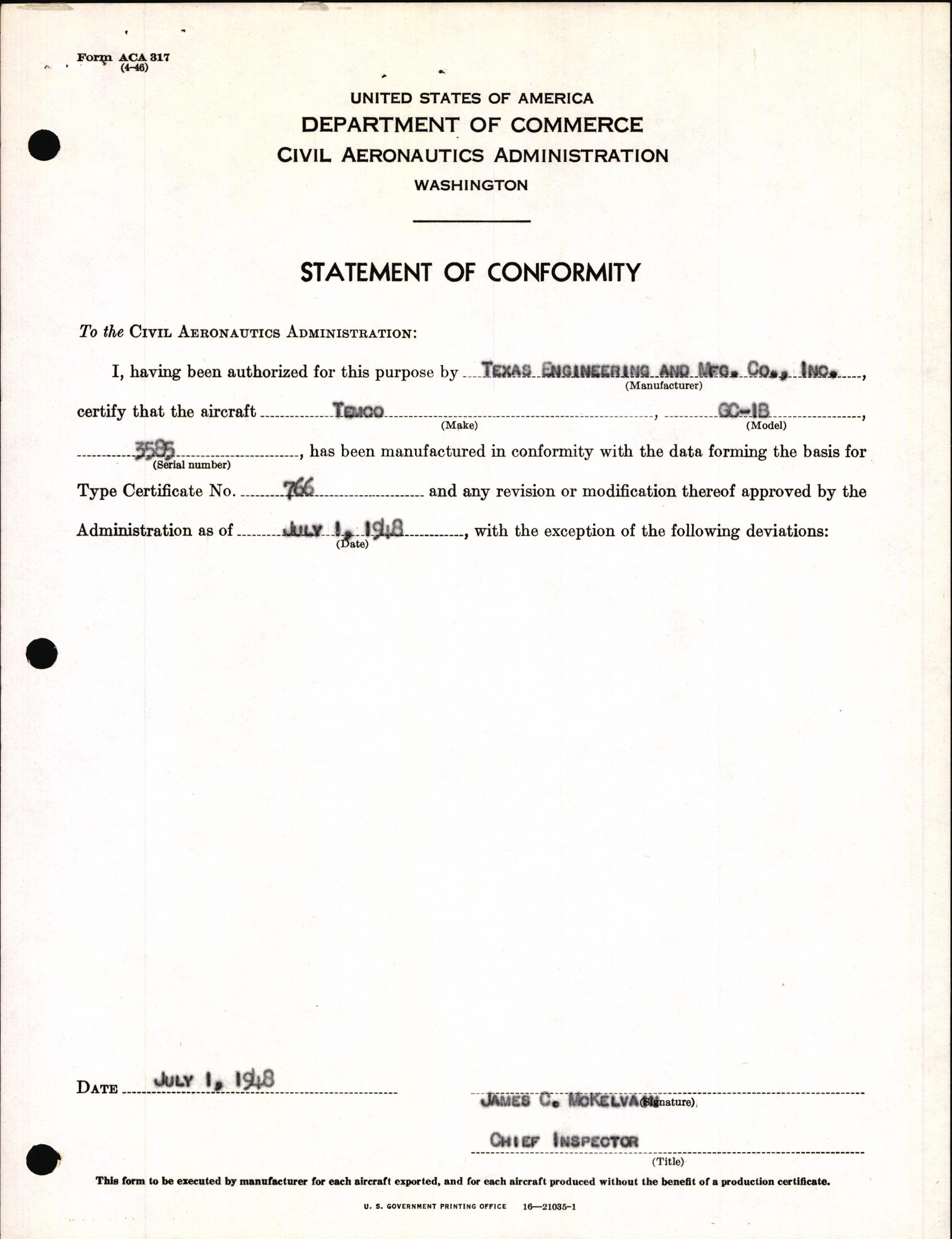 Sample page 3 from AirCorps Library document: Technical Information for Serial Number 3585