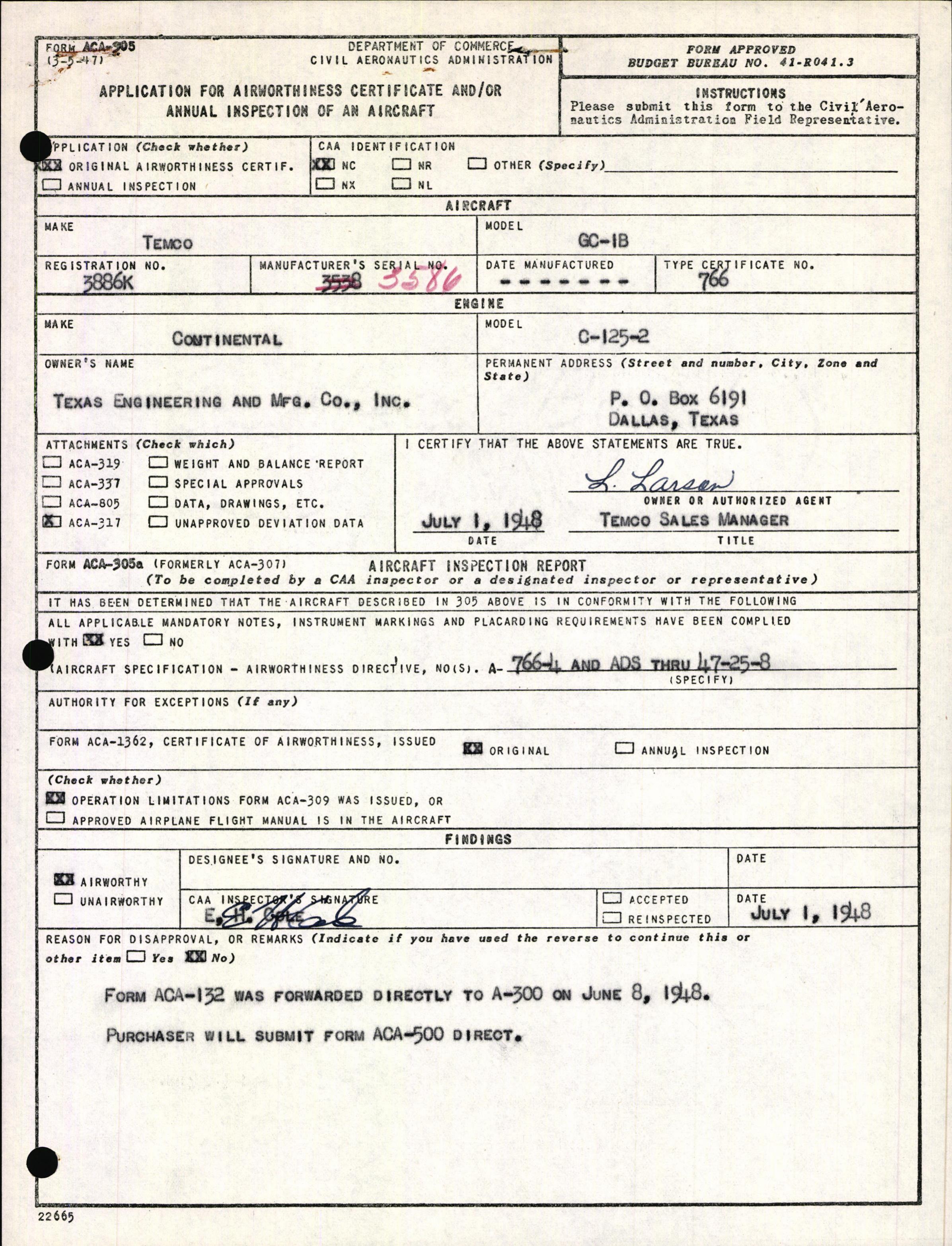 Sample page 1 from AirCorps Library document: Technical Information for Serial Number 3586