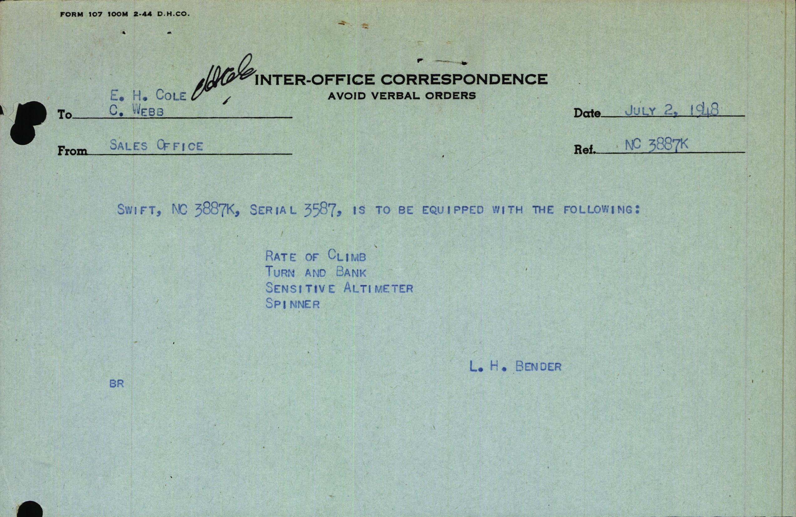 Sample page 1 from AirCorps Library document: Technical Information for Serial Number 3587