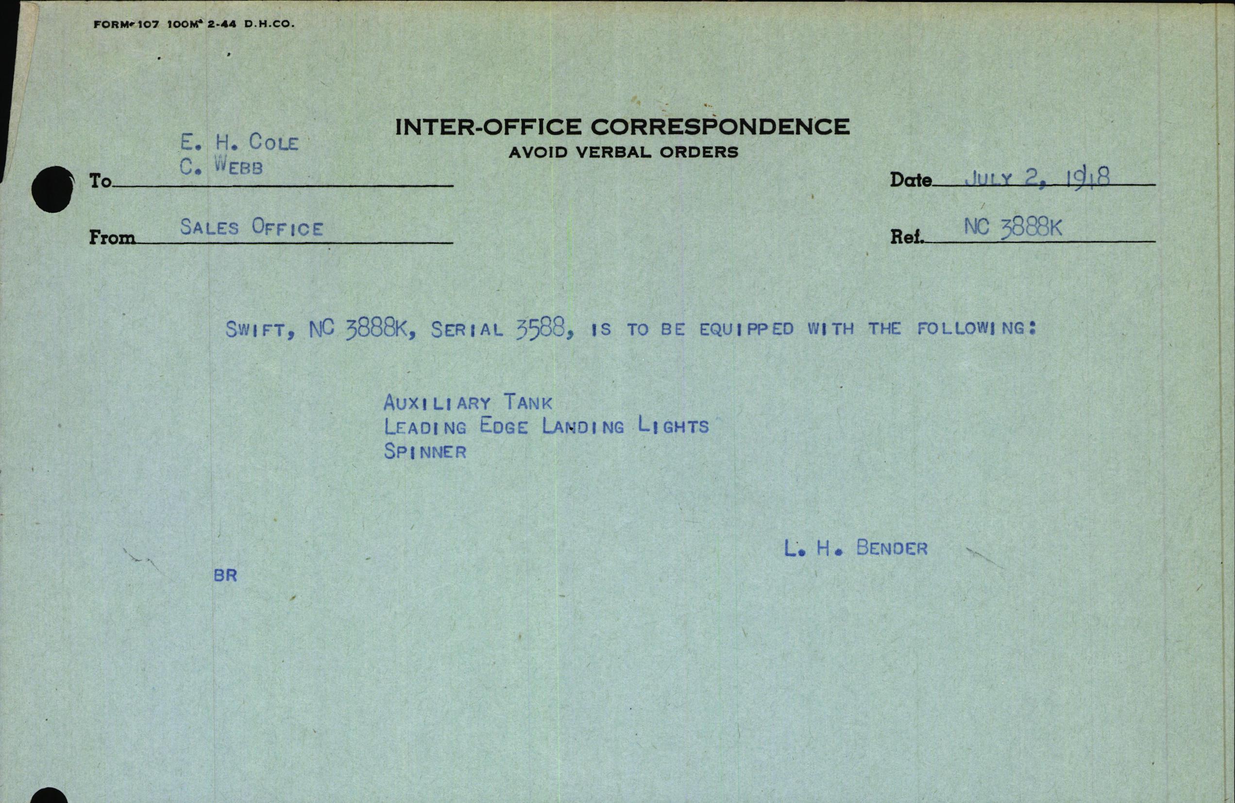 Sample page 1 from AirCorps Library document: Technical Information for Serial Number 3588