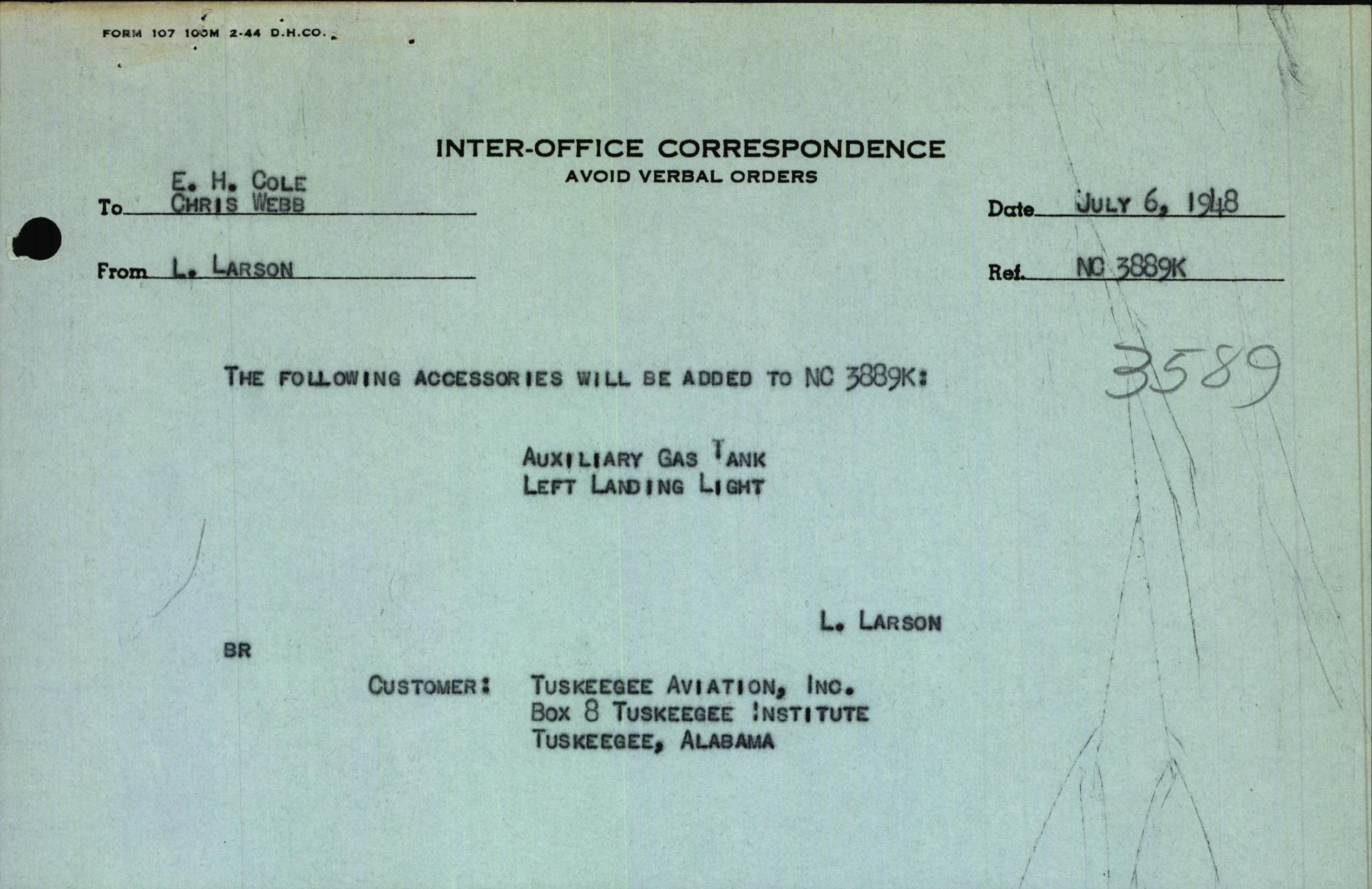 Sample page 1 from AirCorps Library document: Technical Information for Serial Number 3589