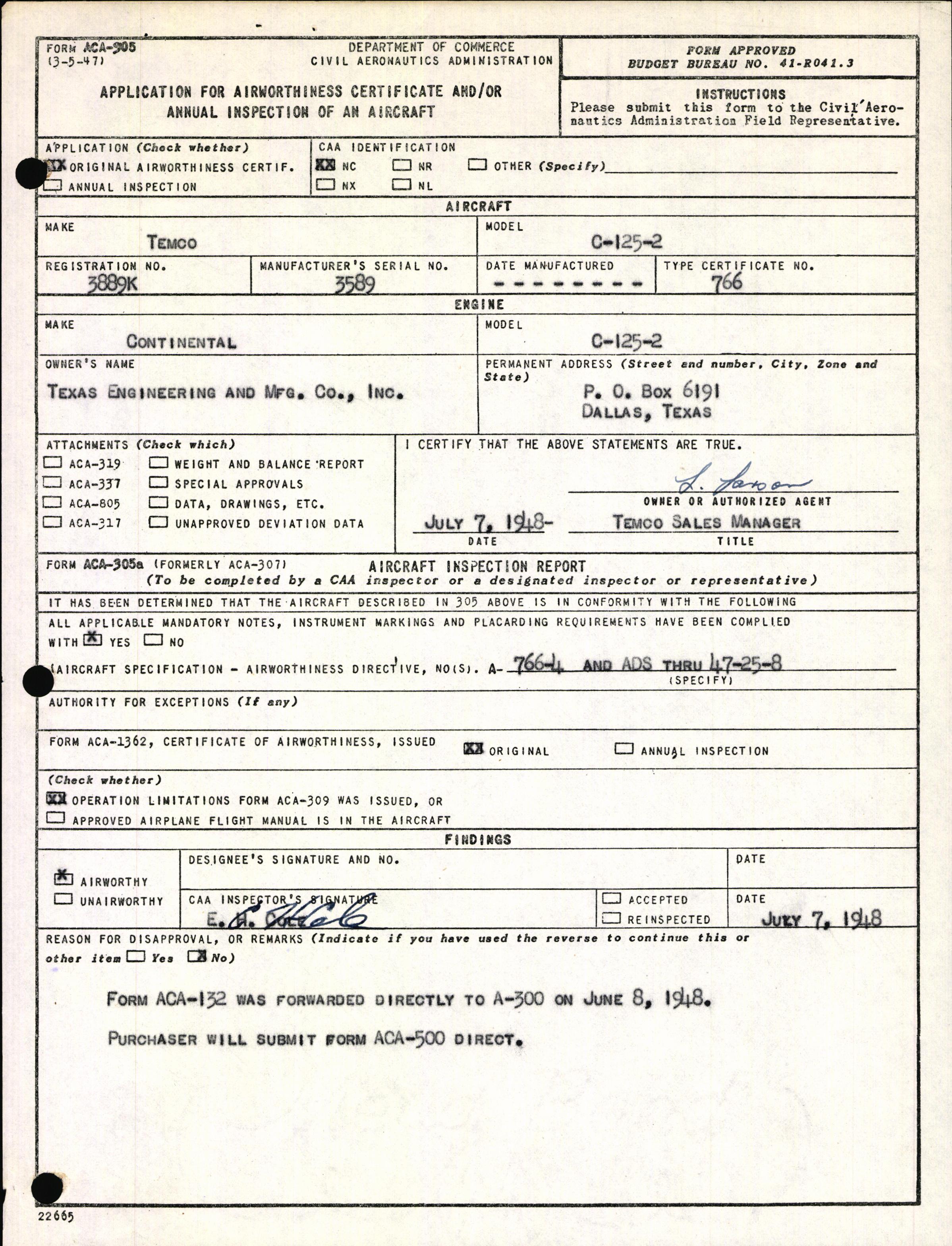 Sample page 3 from AirCorps Library document: Technical Information for Serial Number 3589