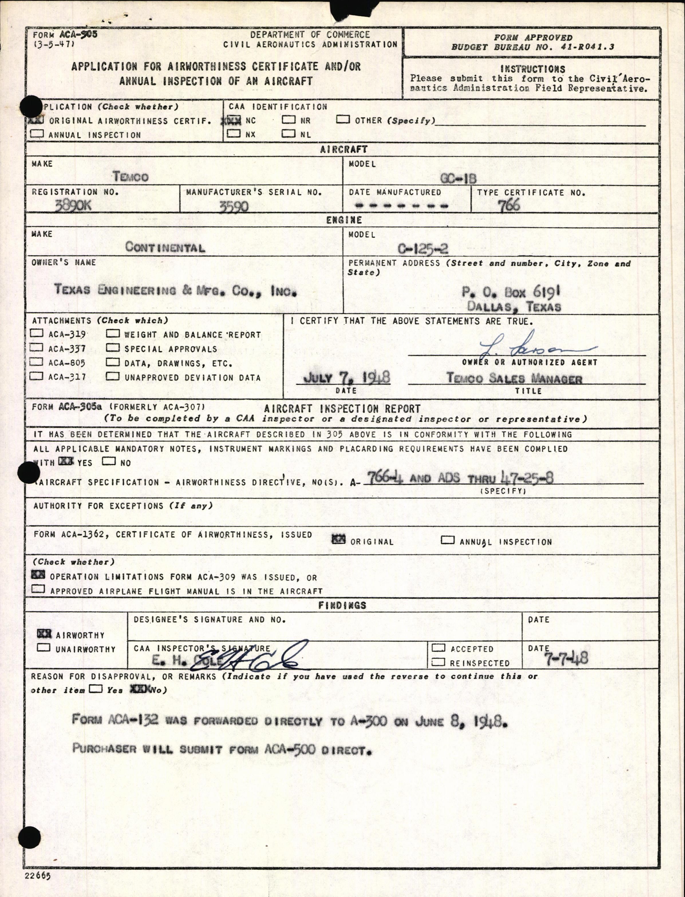 Sample page 1 from AirCorps Library document: Technical Information for Serial Number 3590