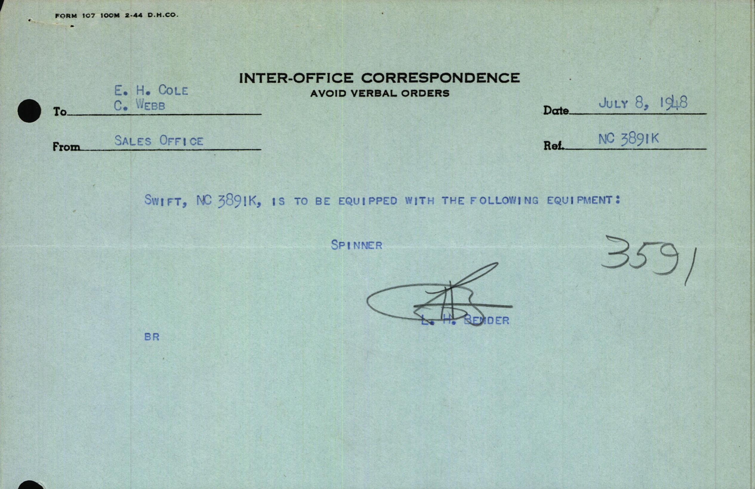 Sample page 1 from AirCorps Library document: Technical Information for Serial Number 3591