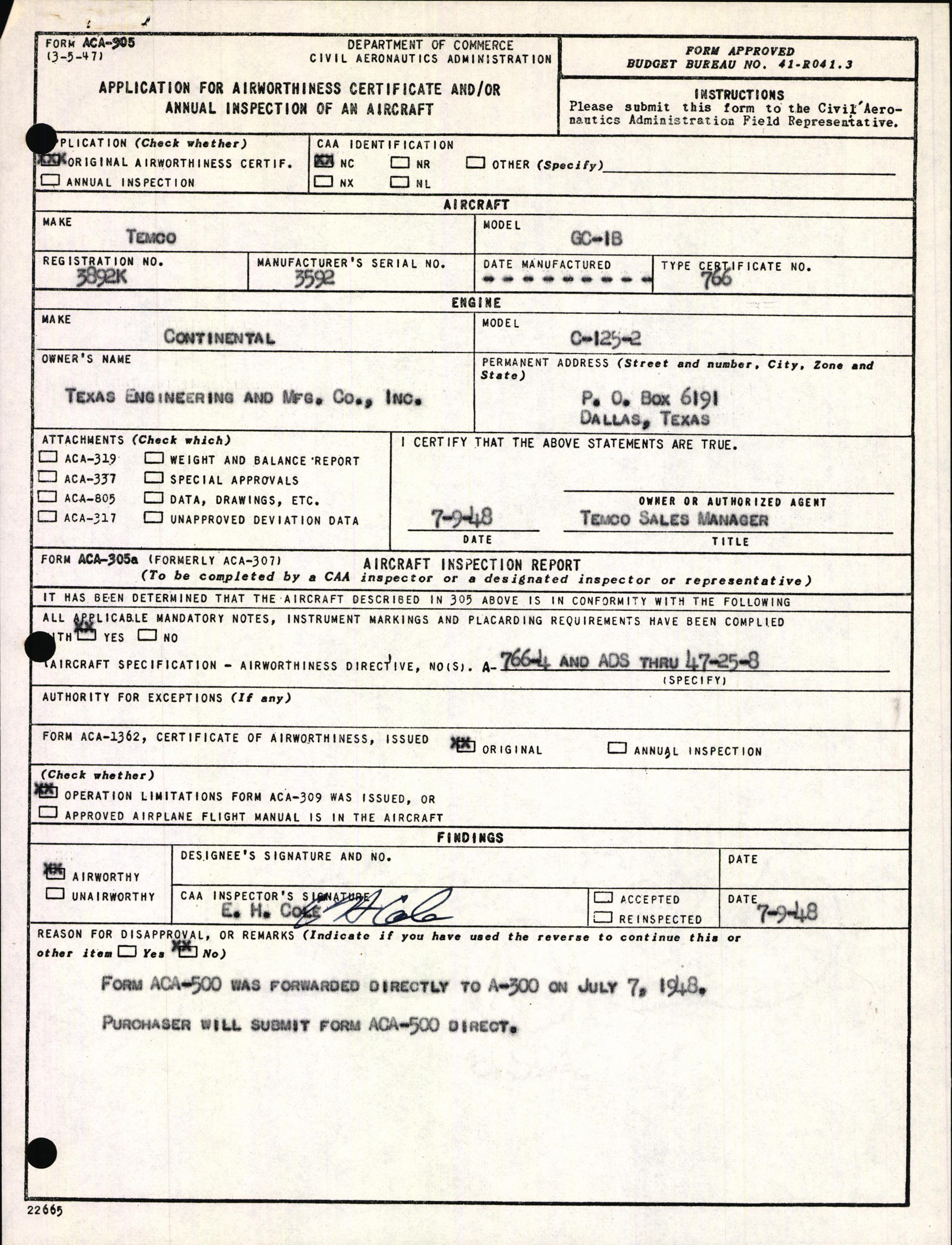 Sample page 1 from AirCorps Library document: Technical Information for Serial Number 3592