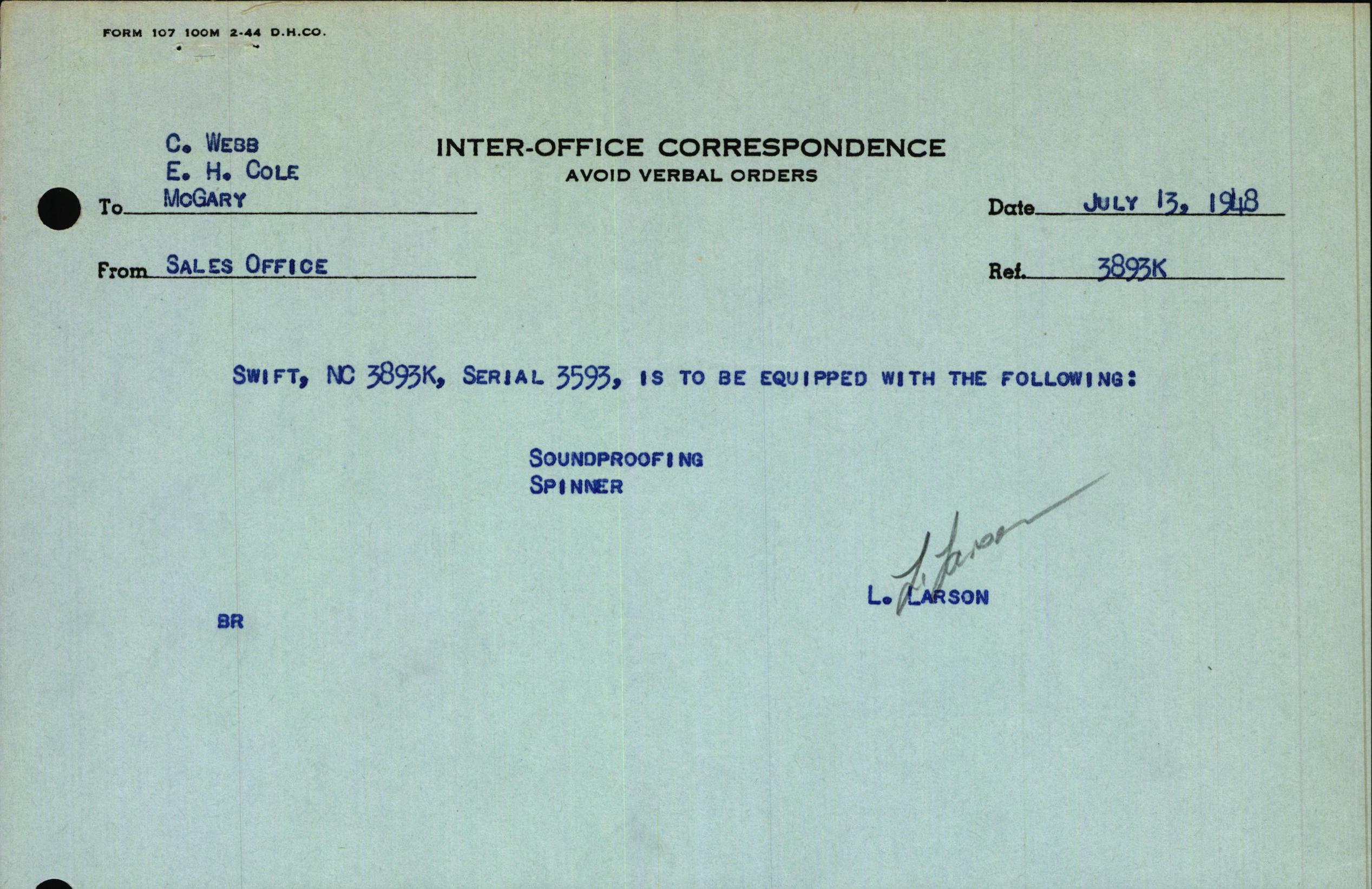 Sample page 1 from AirCorps Library document: Technical Information for Serial Number 3593