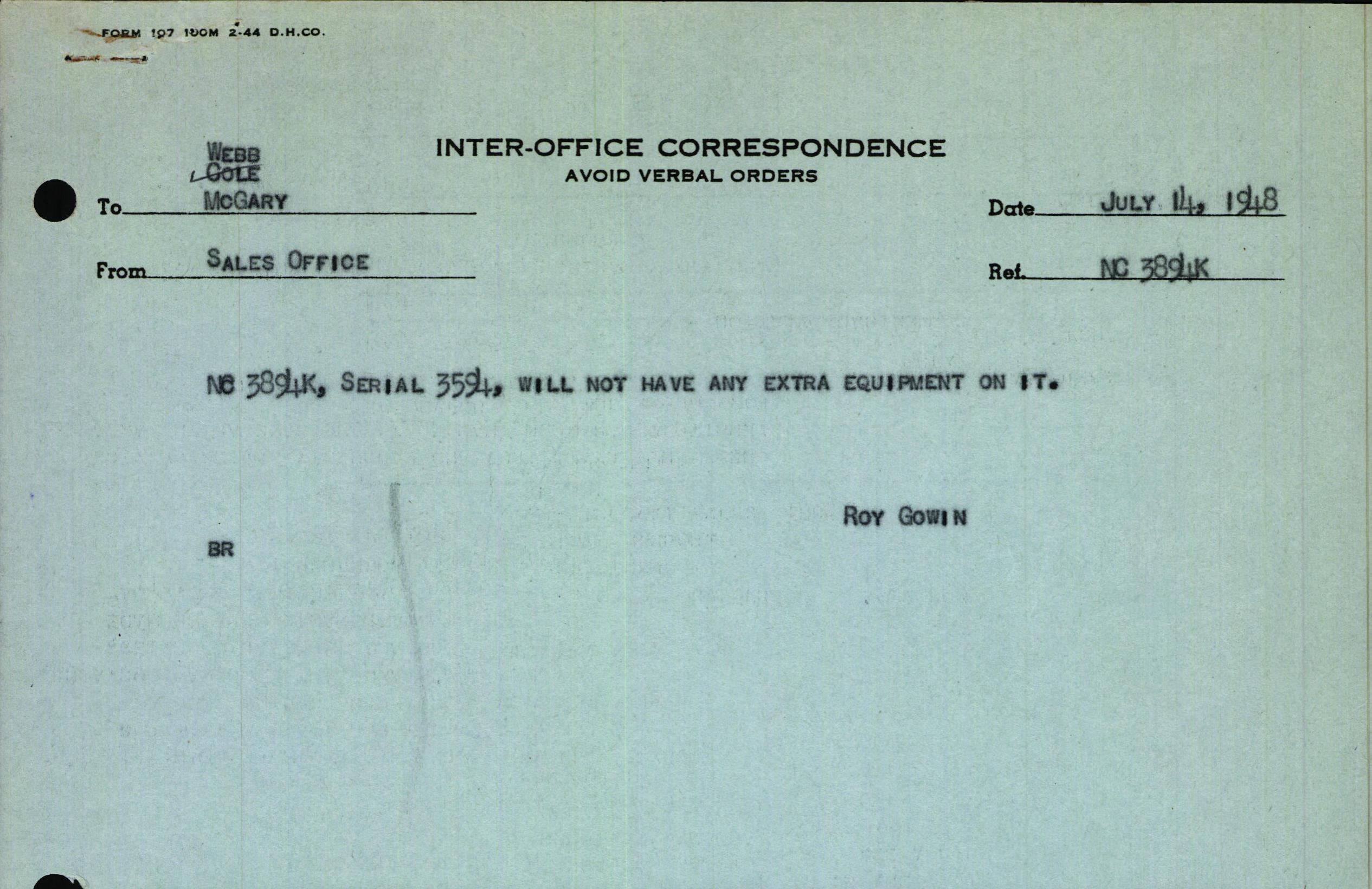 Sample page 1 from AirCorps Library document: Technical Information for Serial Number 3594