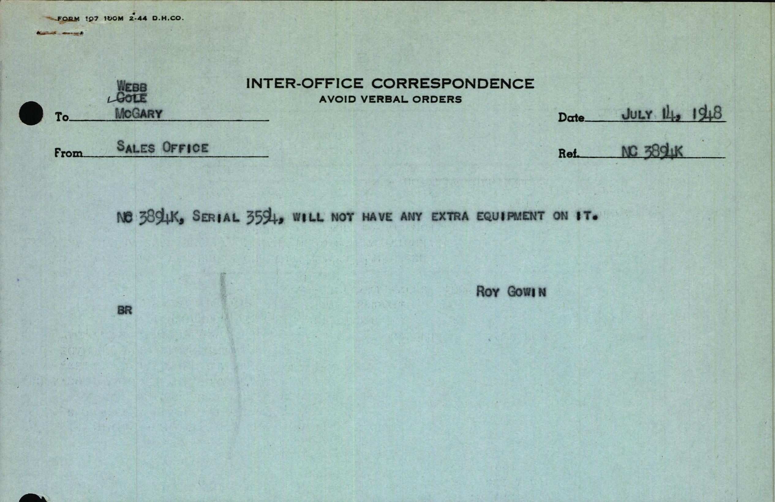 Sample page 1 from AirCorps Library document: Technical Information for Serial Number 3594