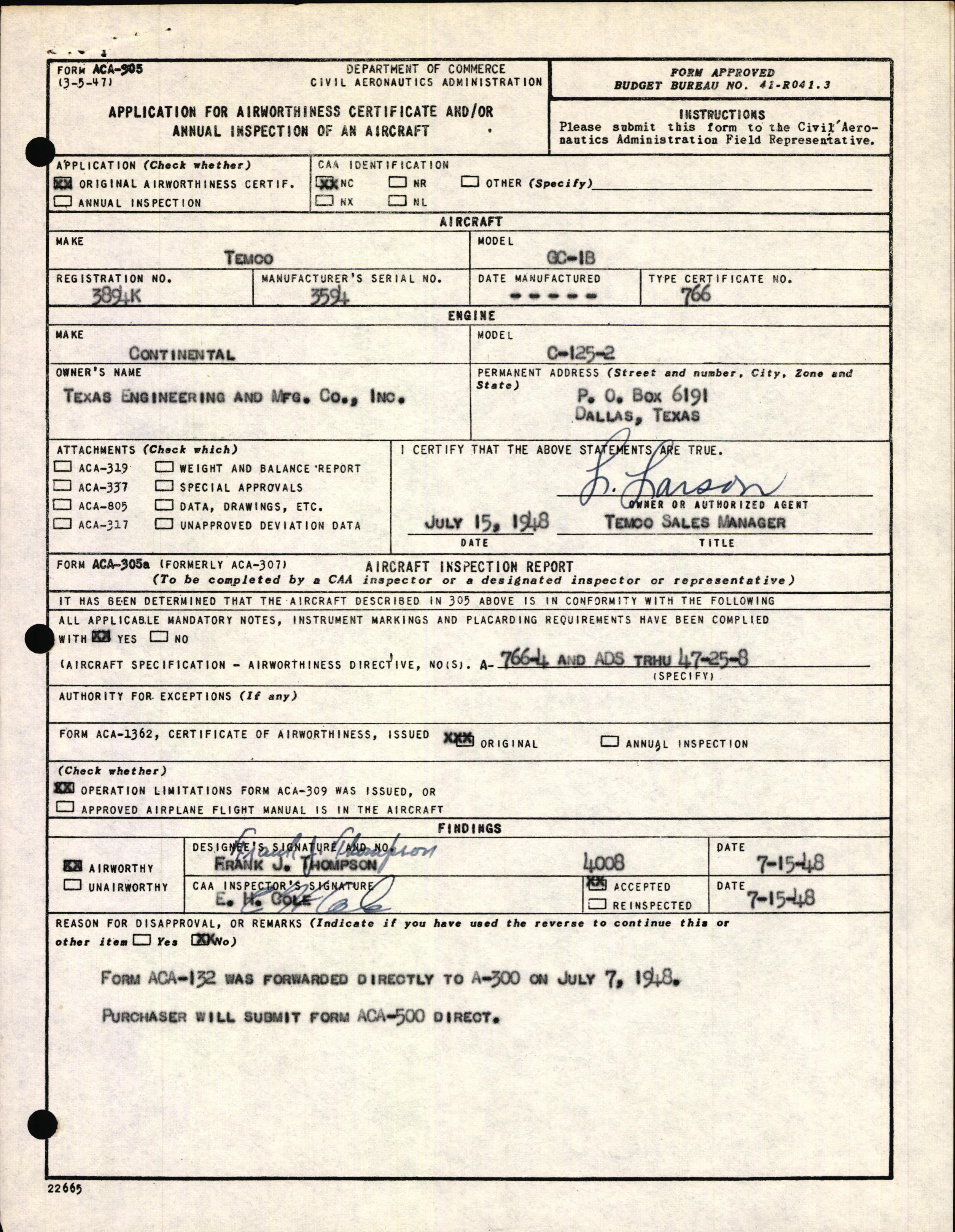 Sample page 3 from AirCorps Library document: Technical Information for Serial Number 3594