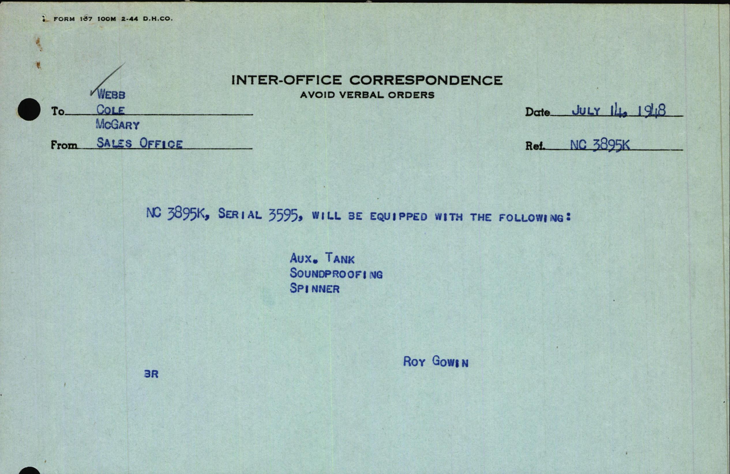 Sample page 1 from AirCorps Library document: Technical Information for Serial Number 3595