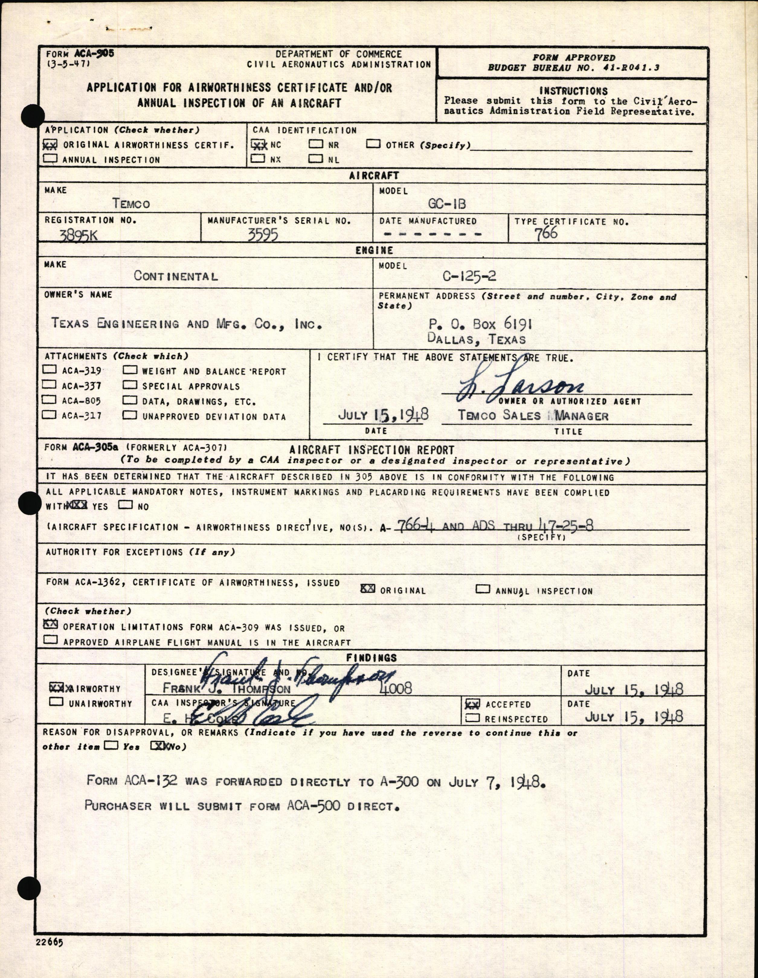 Sample page 3 from AirCorps Library document: Technical Information for Serial Number 3595