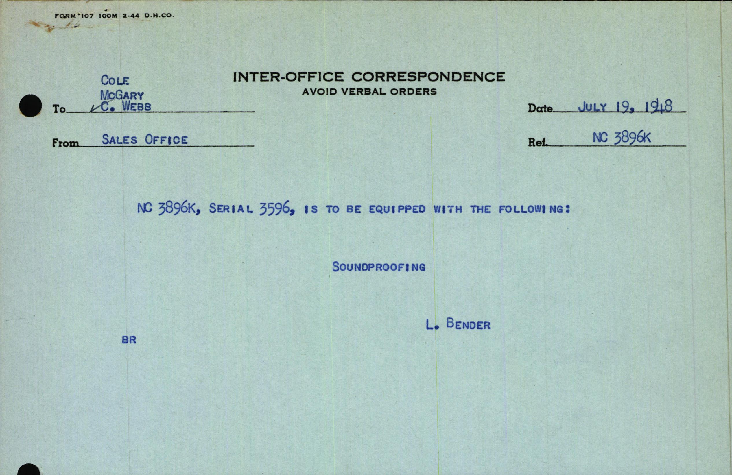 Sample page 1 from AirCorps Library document: Technical Information for Serial Number 3596