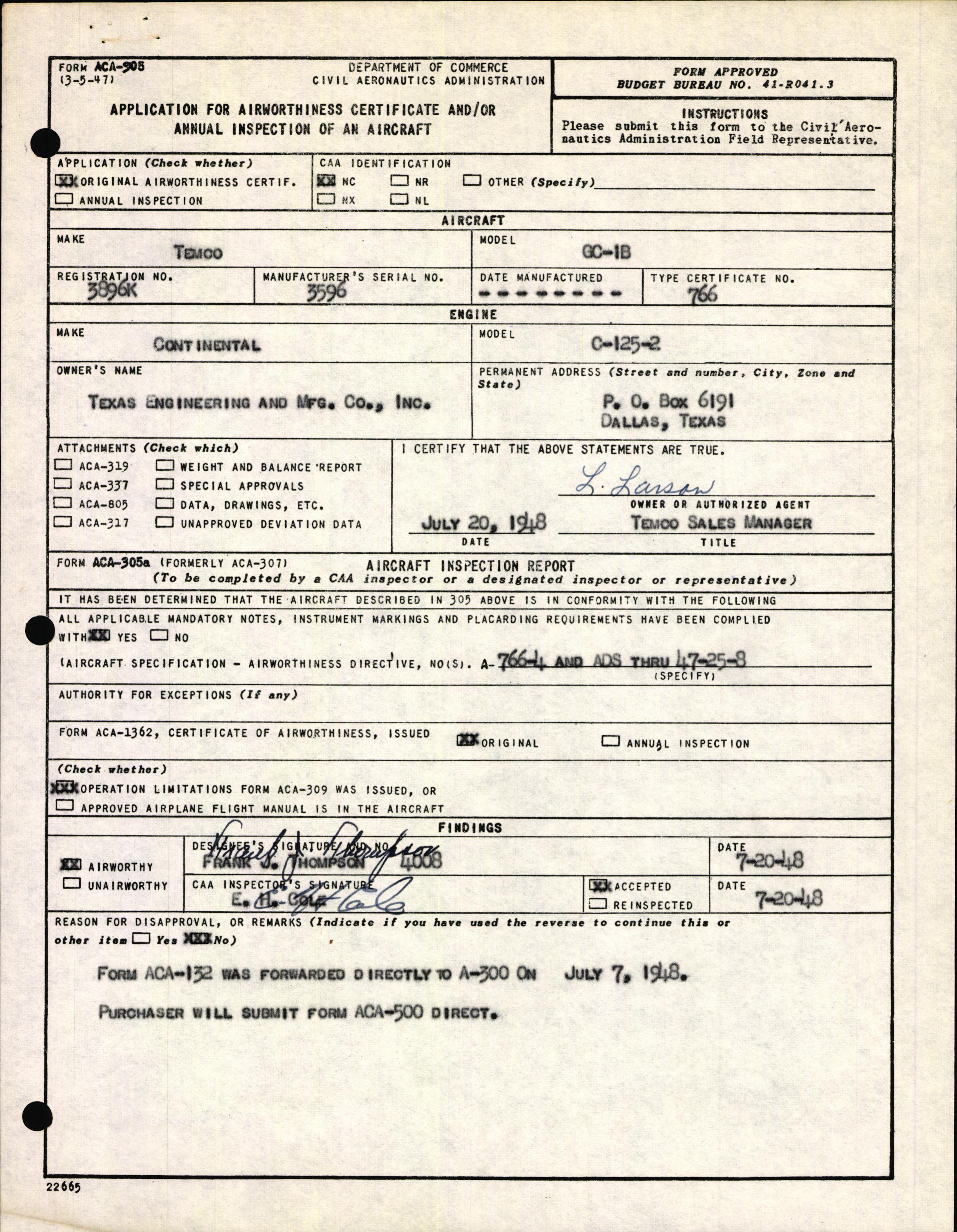 Sample page 3 from AirCorps Library document: Technical Information for Serial Number 3596