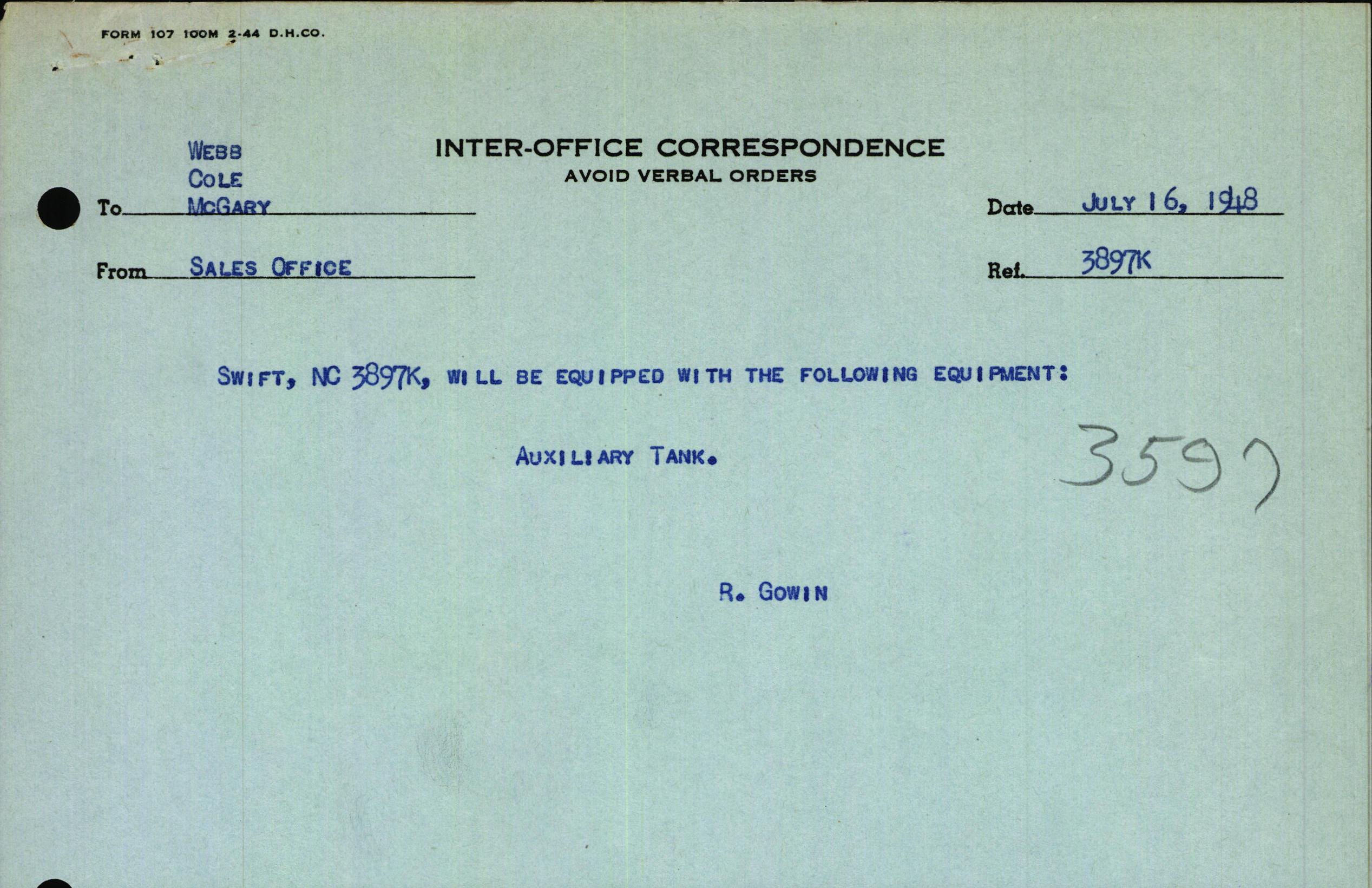 Sample page 1 from AirCorps Library document: Technical Information for Serial Number 3597