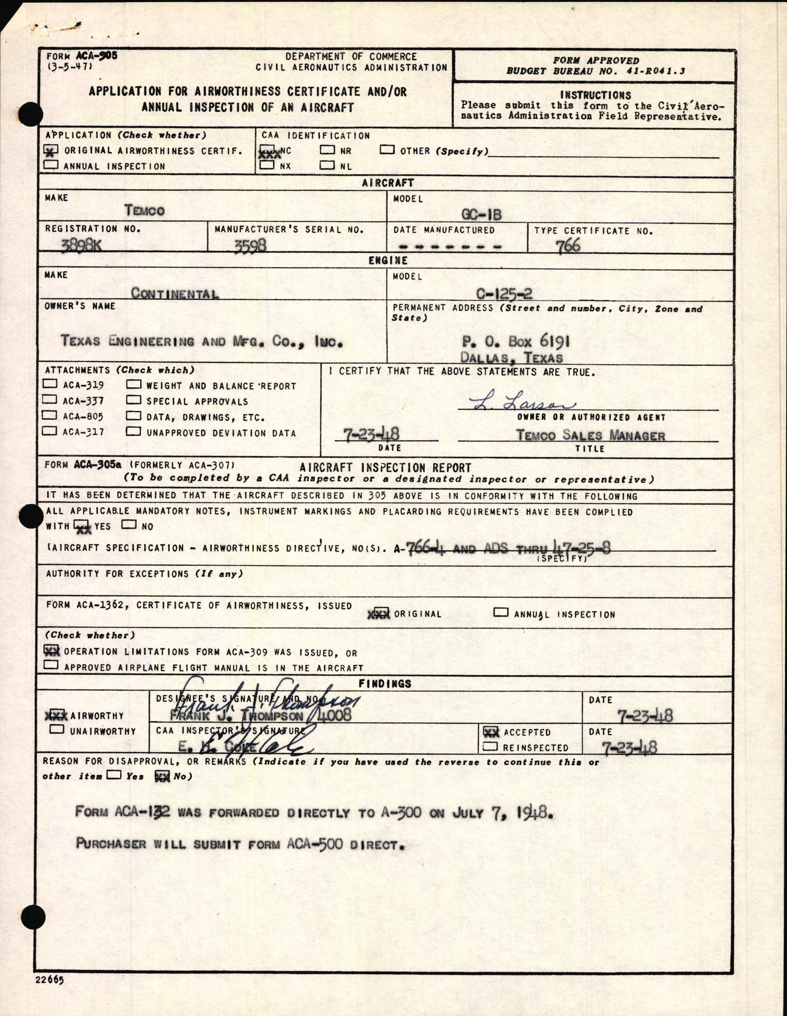 Sample page 1 from AirCorps Library document: Technical Information for Serial Number 3598