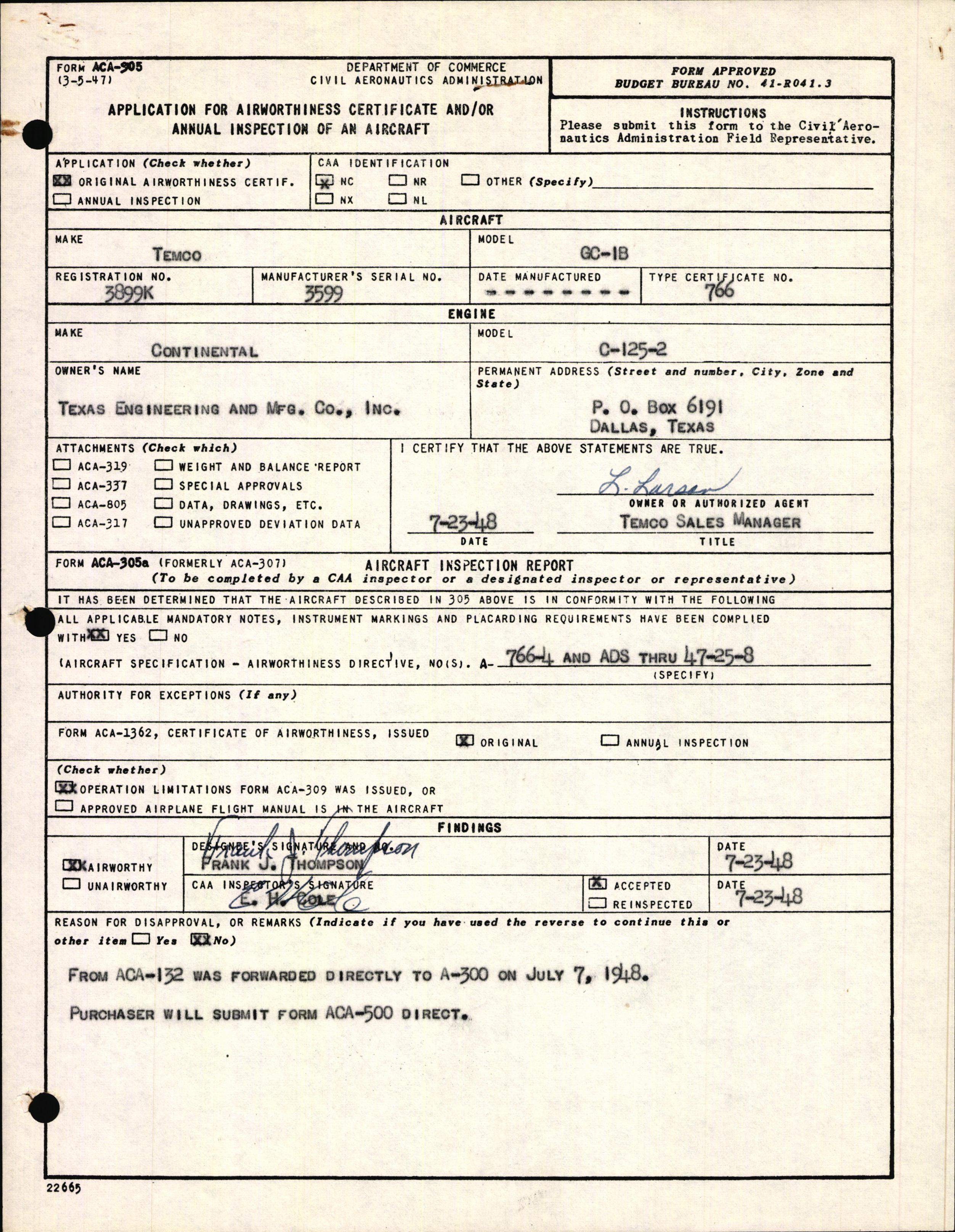 Sample page 1 from AirCorps Library document: Technical Information for Serial Number 3599