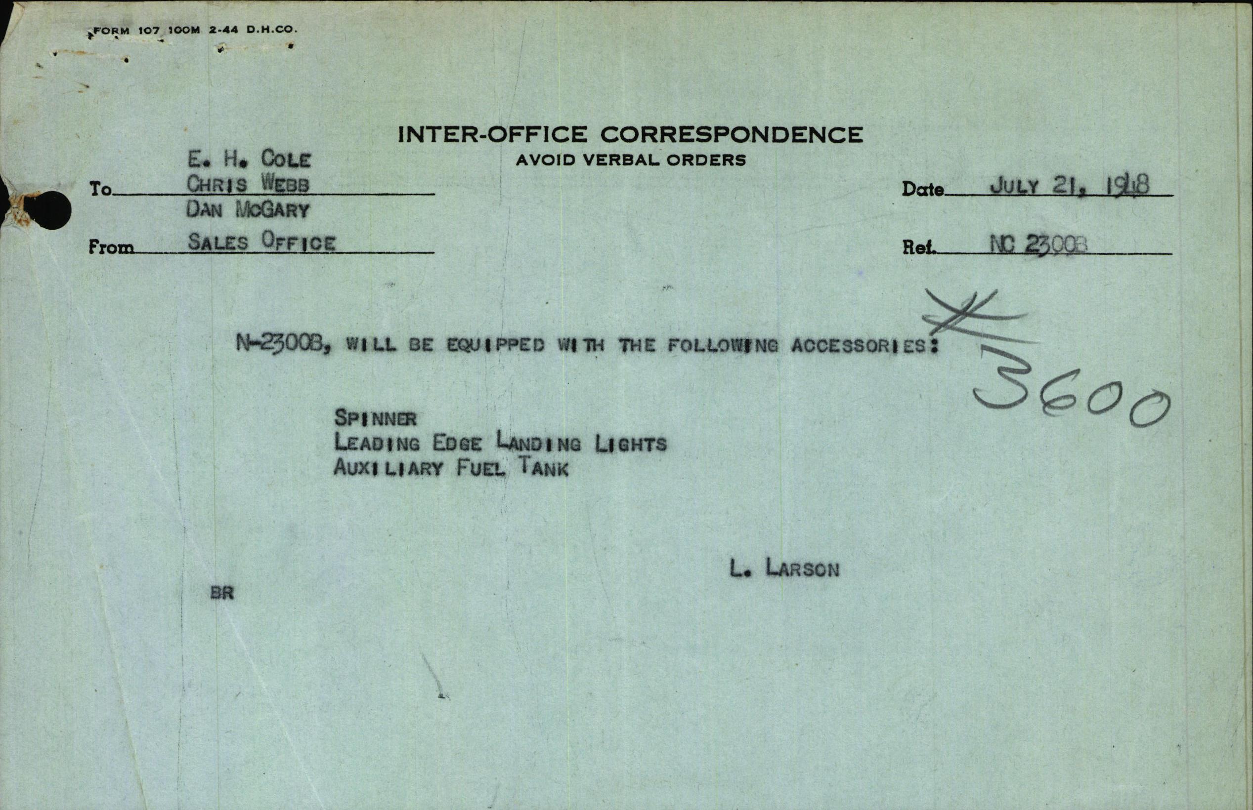 Sample page 1 from AirCorps Library document: Technical Information for Serial Number 3600