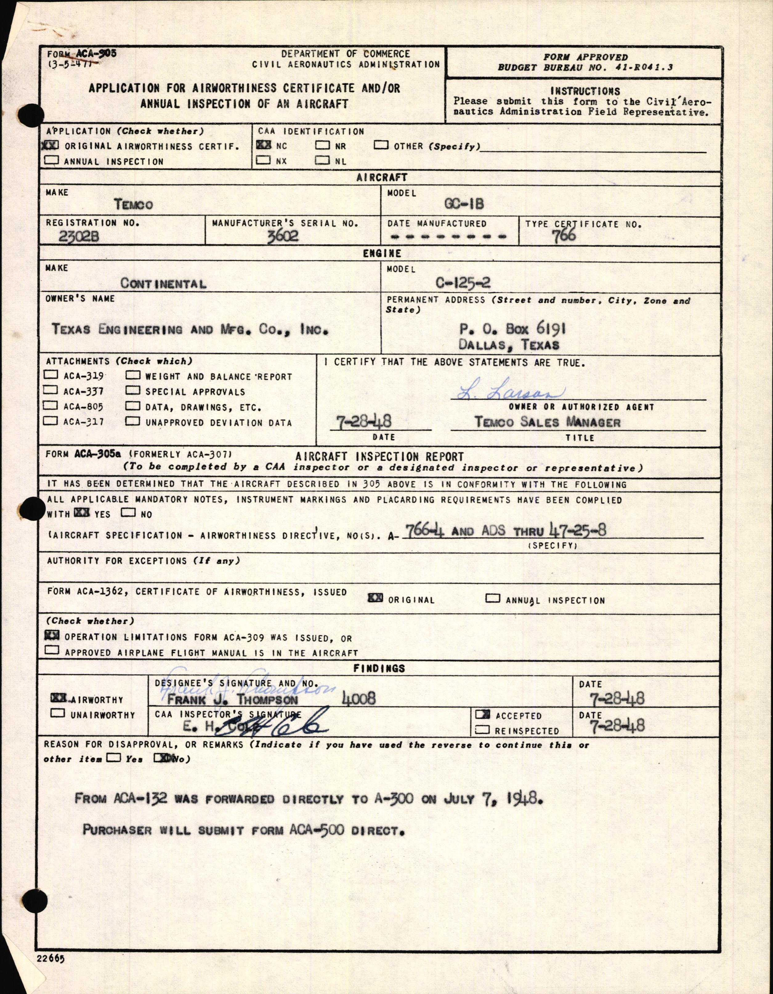 Sample page 1 from AirCorps Library document: Technical Information for Serial Number 3602