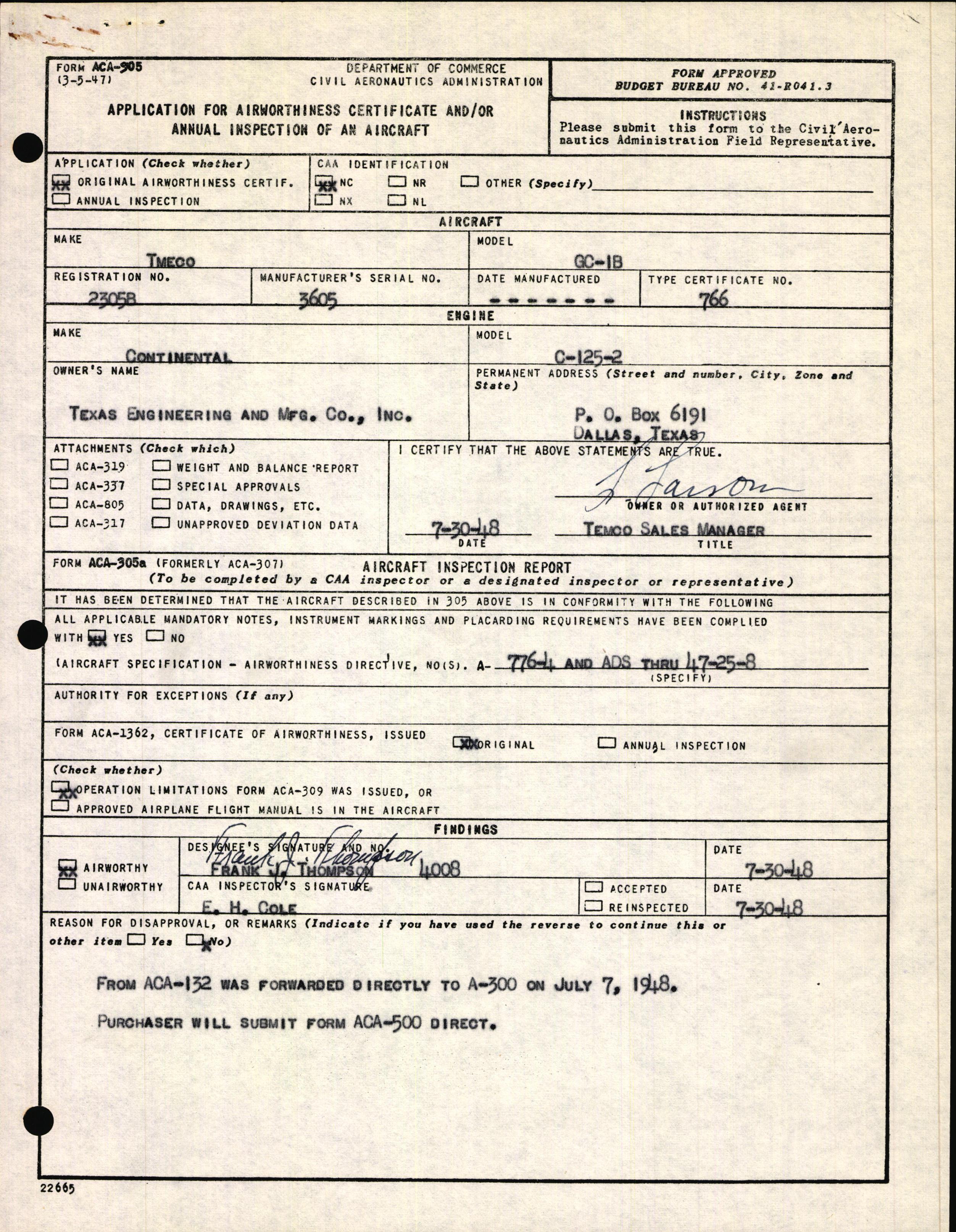 Sample page 1 from AirCorps Library document: Technical Information for Serial Number 3605