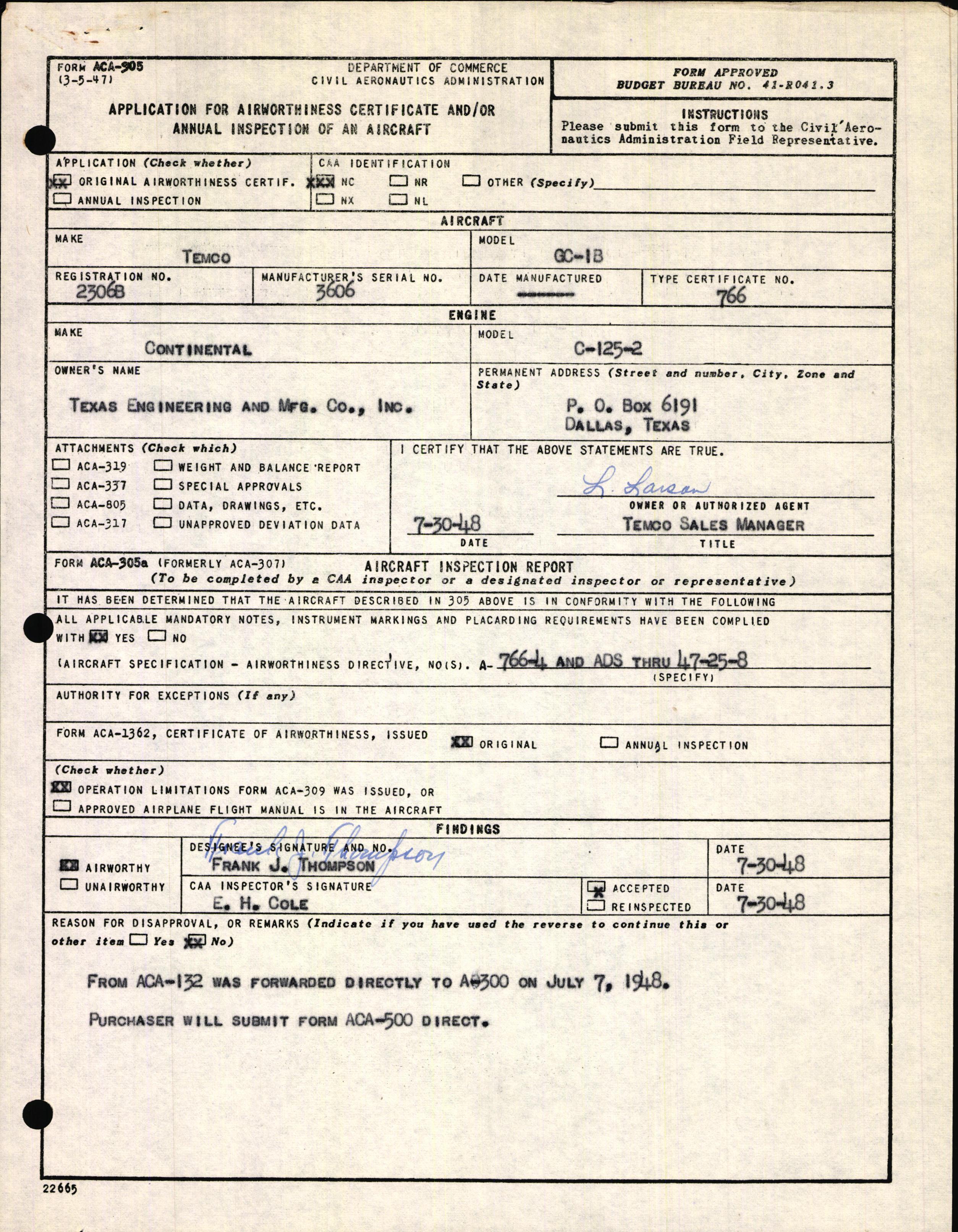 Sample page 1 from AirCorps Library document: Technical Information for Serial Number 3606
