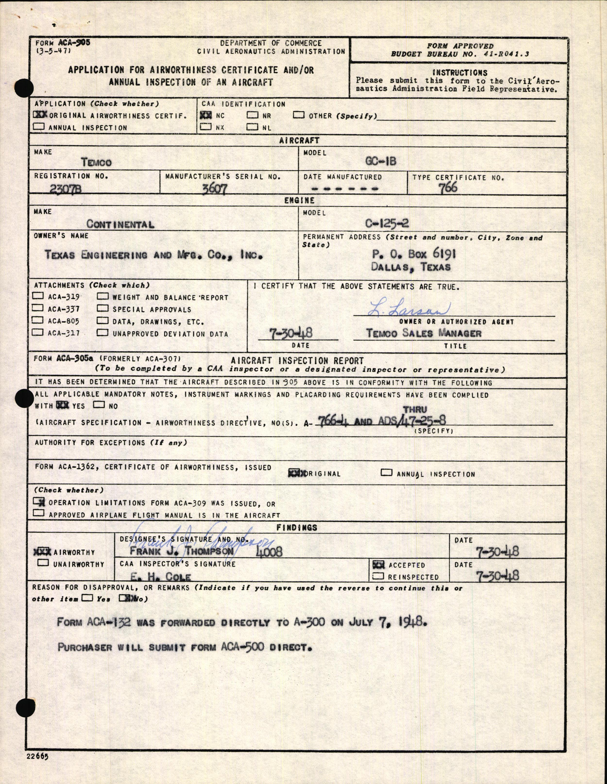 Sample page 1 from AirCorps Library document: Technical Information for Serial Number 3607