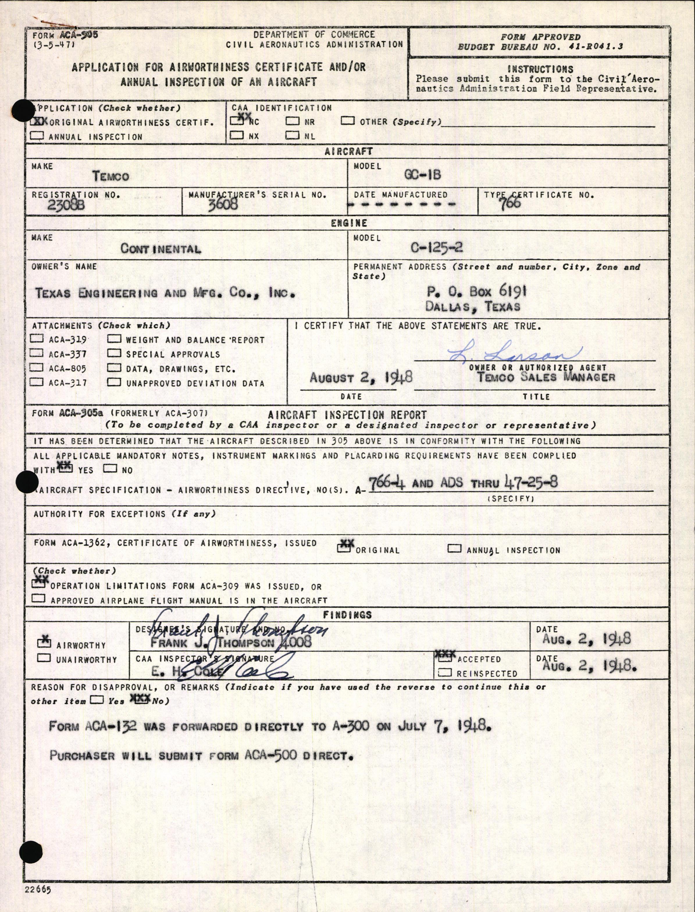 Sample page 1 from AirCorps Library document: Technical Information for Serial Number 3608