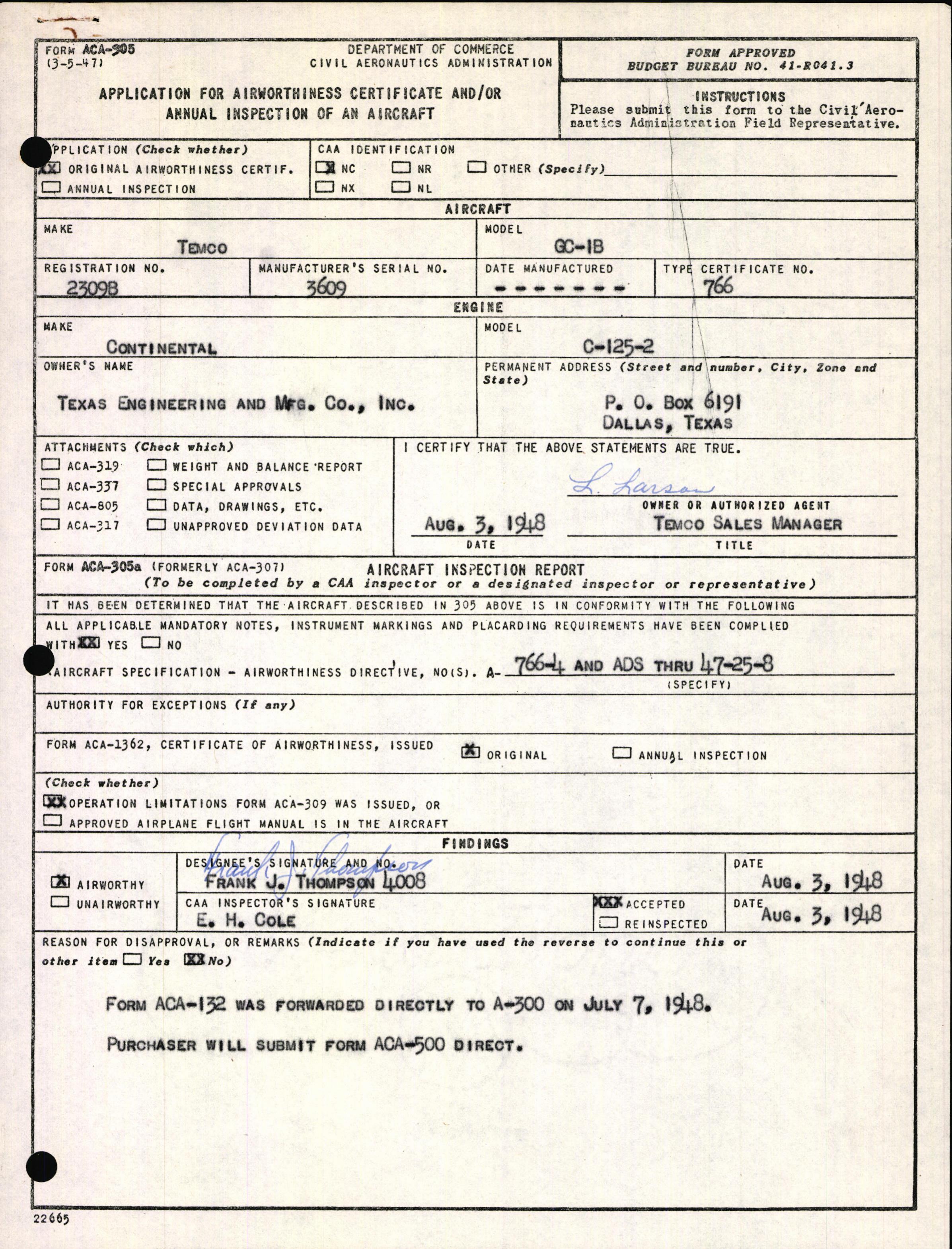 Sample page 1 from AirCorps Library document: Technical Information for Serial Number 3609