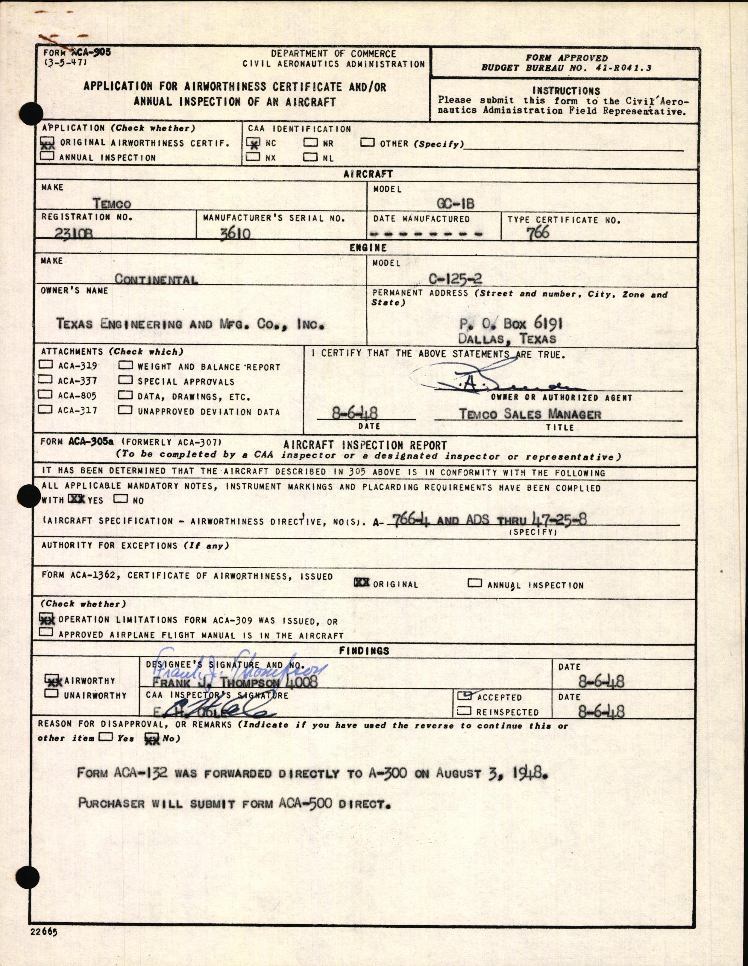 Sample page 1 from AirCorps Library document: Technical Information for Serial Number 3610