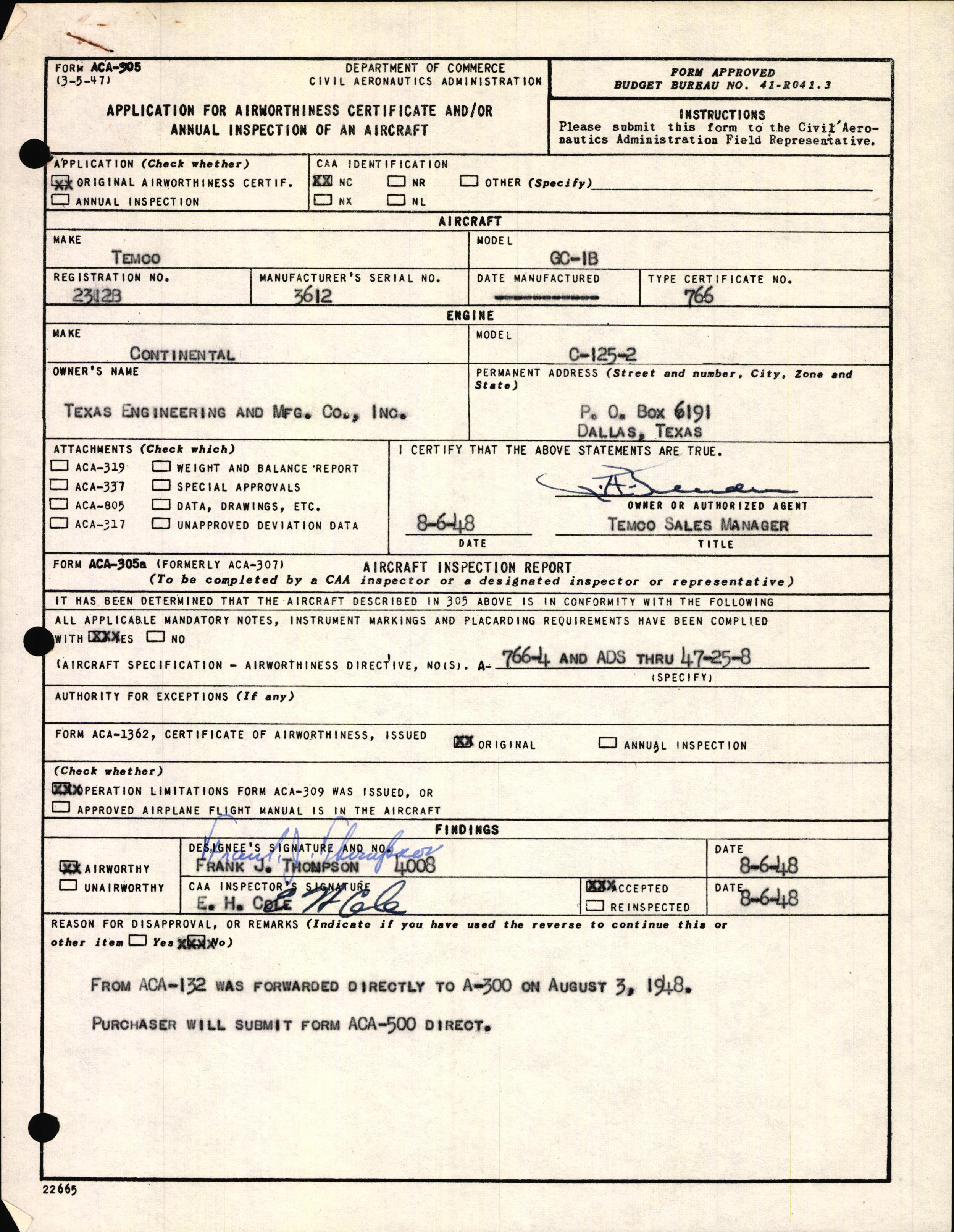 Sample page 1 from AirCorps Library document: Technical Information for Serial Number 3612