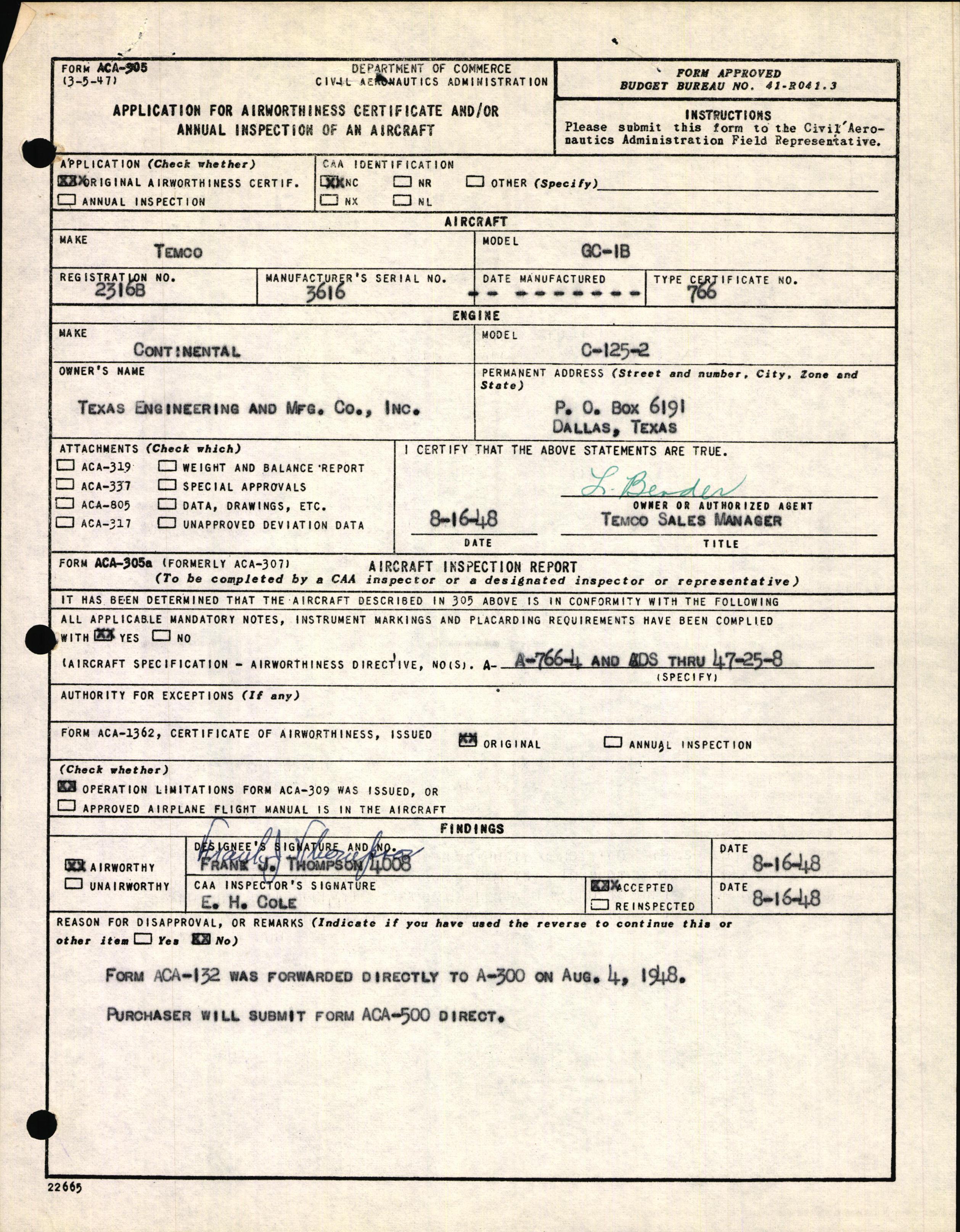 Sample page 1 from AirCorps Library document: Technical Information for Serial Number 3616