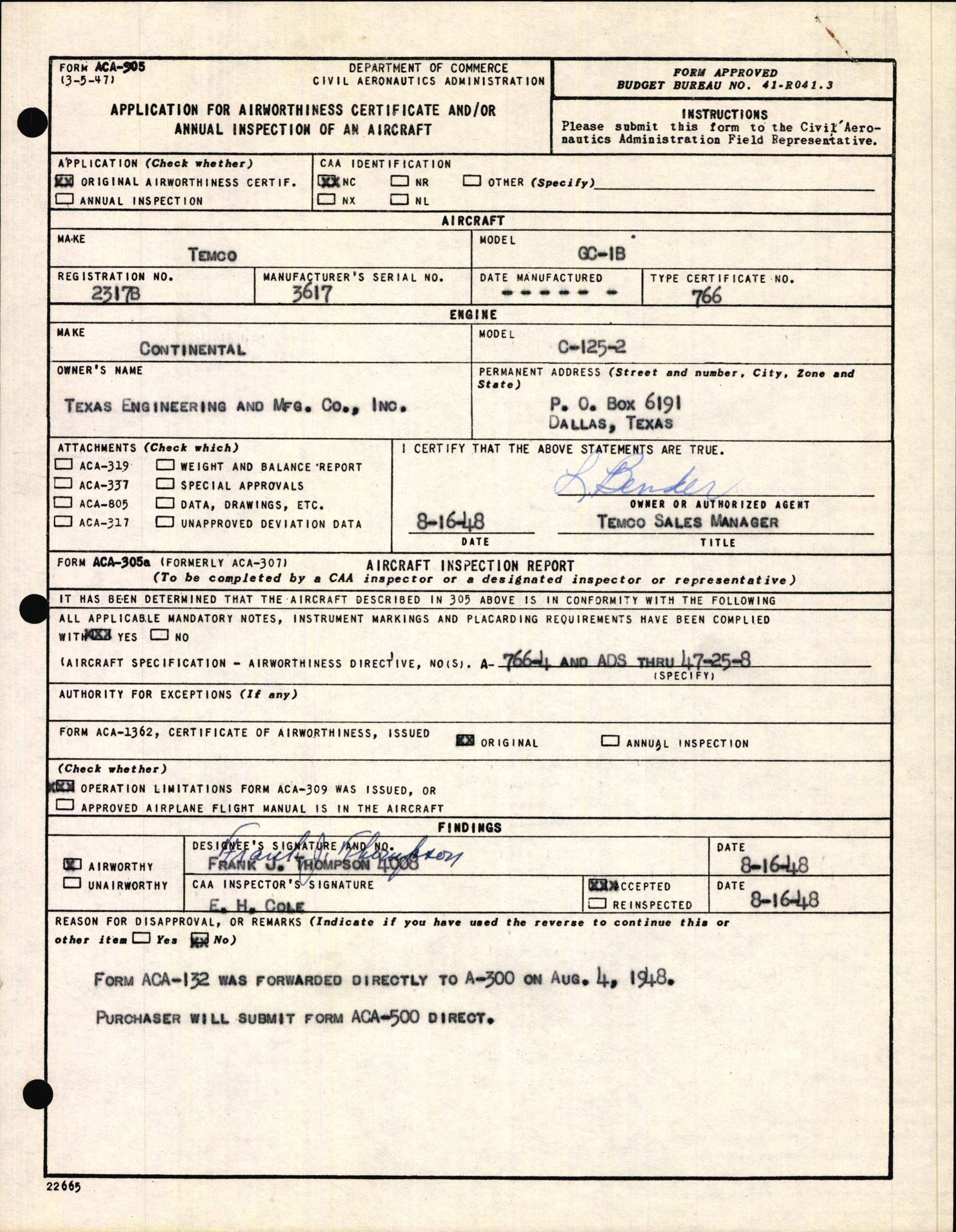 Sample page 1 from AirCorps Library document: Technical Information for Serial Number 3617