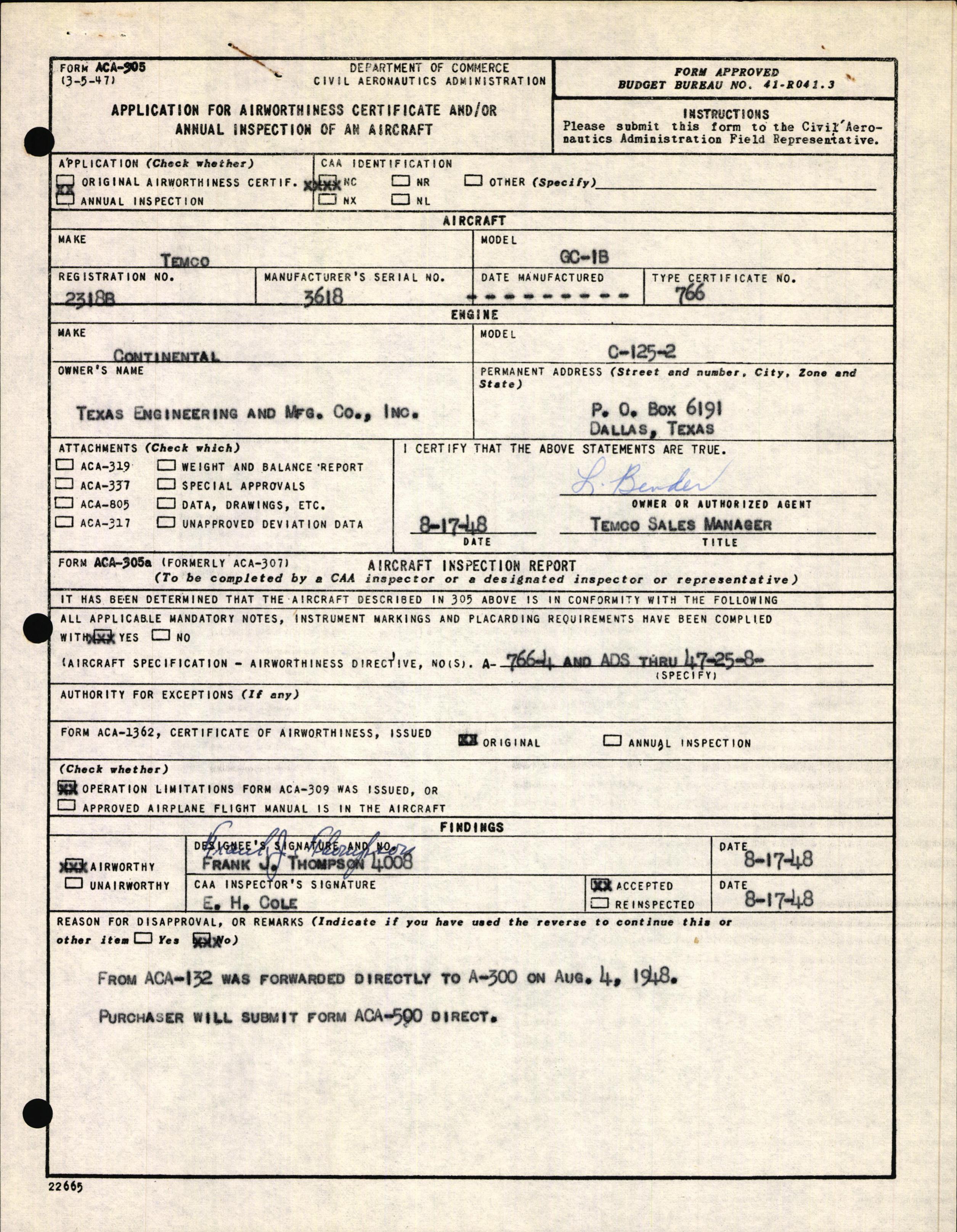 Sample page 1 from AirCorps Library document: Technical Information for Serial Number 3618