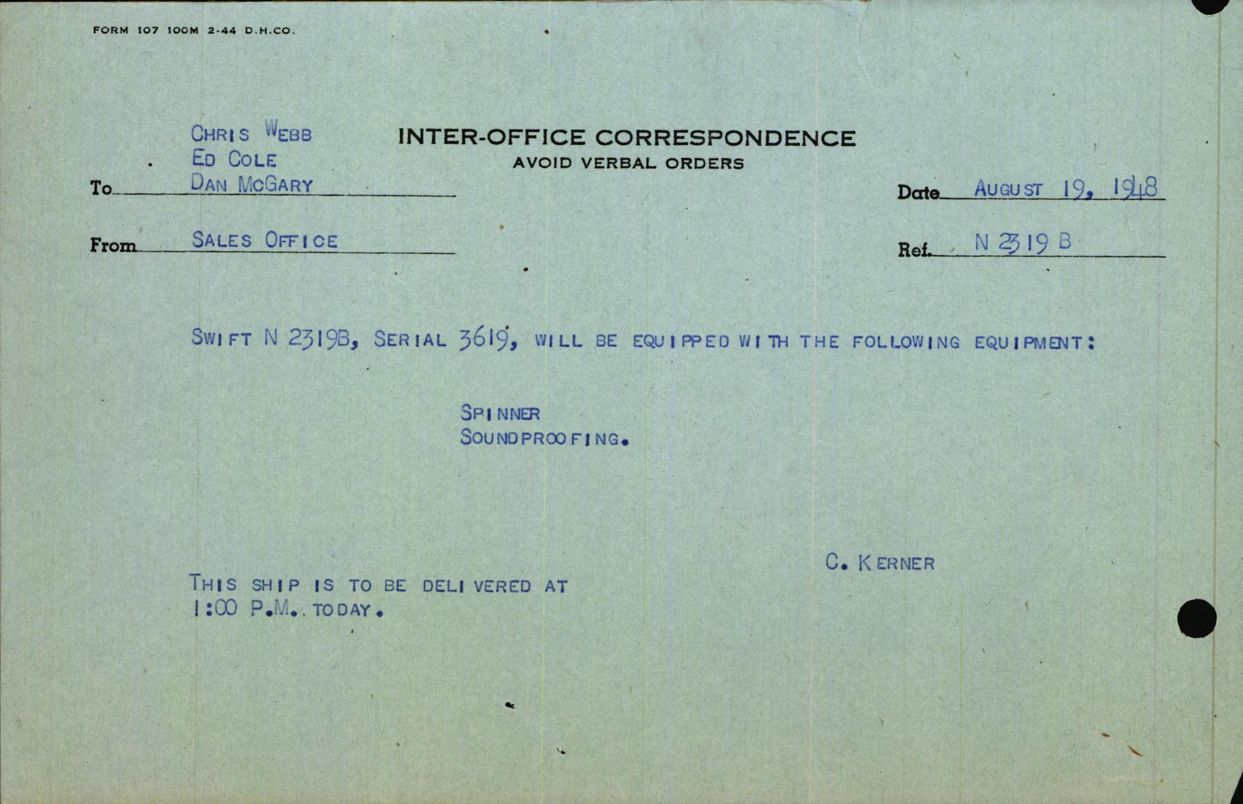 Sample page 1 from AirCorps Library document: Technical Information for Serial Number 3619