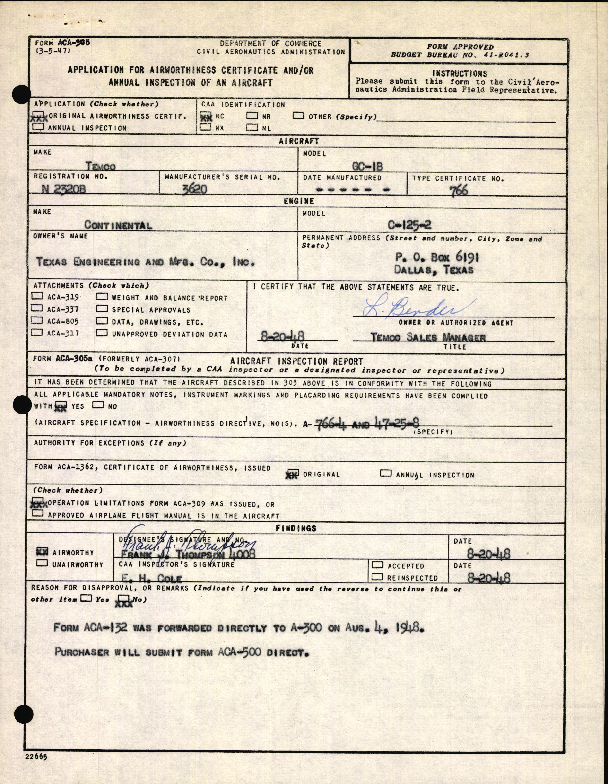 Sample page 1 from AirCorps Library document: Technical Information for Serial Number 3620