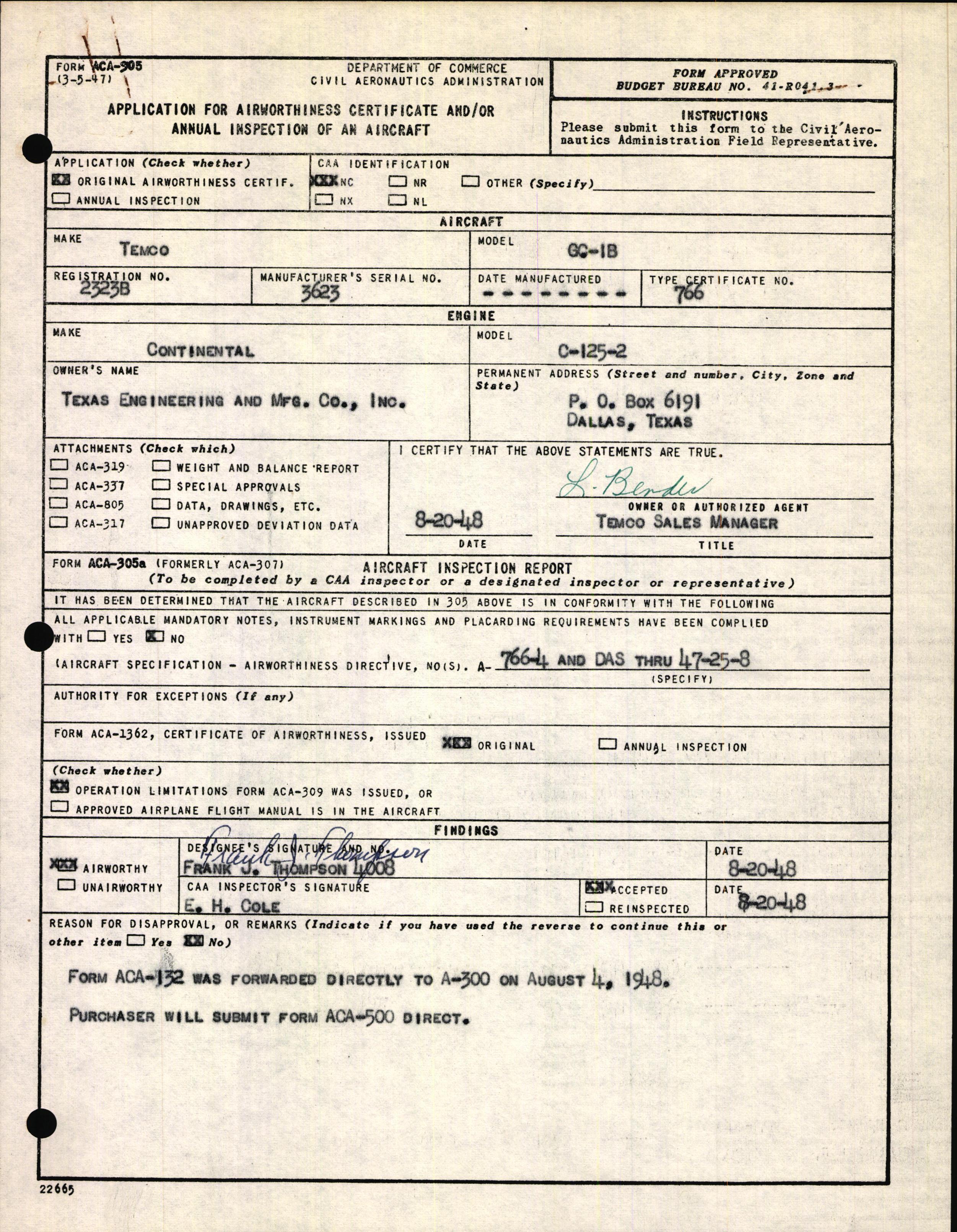 Sample page 1 from AirCorps Library document: Technical Information for Serial Number 3623