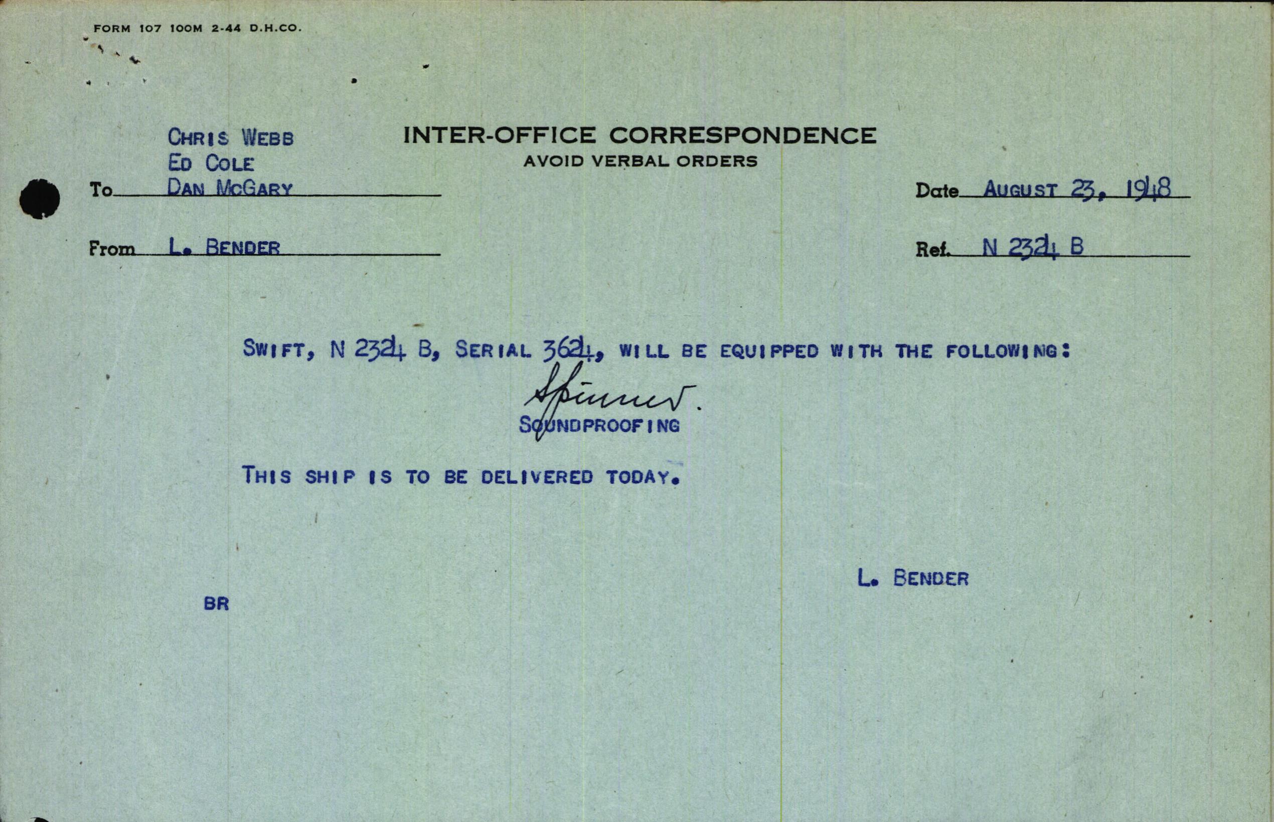 Sample page 1 from AirCorps Library document: Technical Information for Serial Number 3624