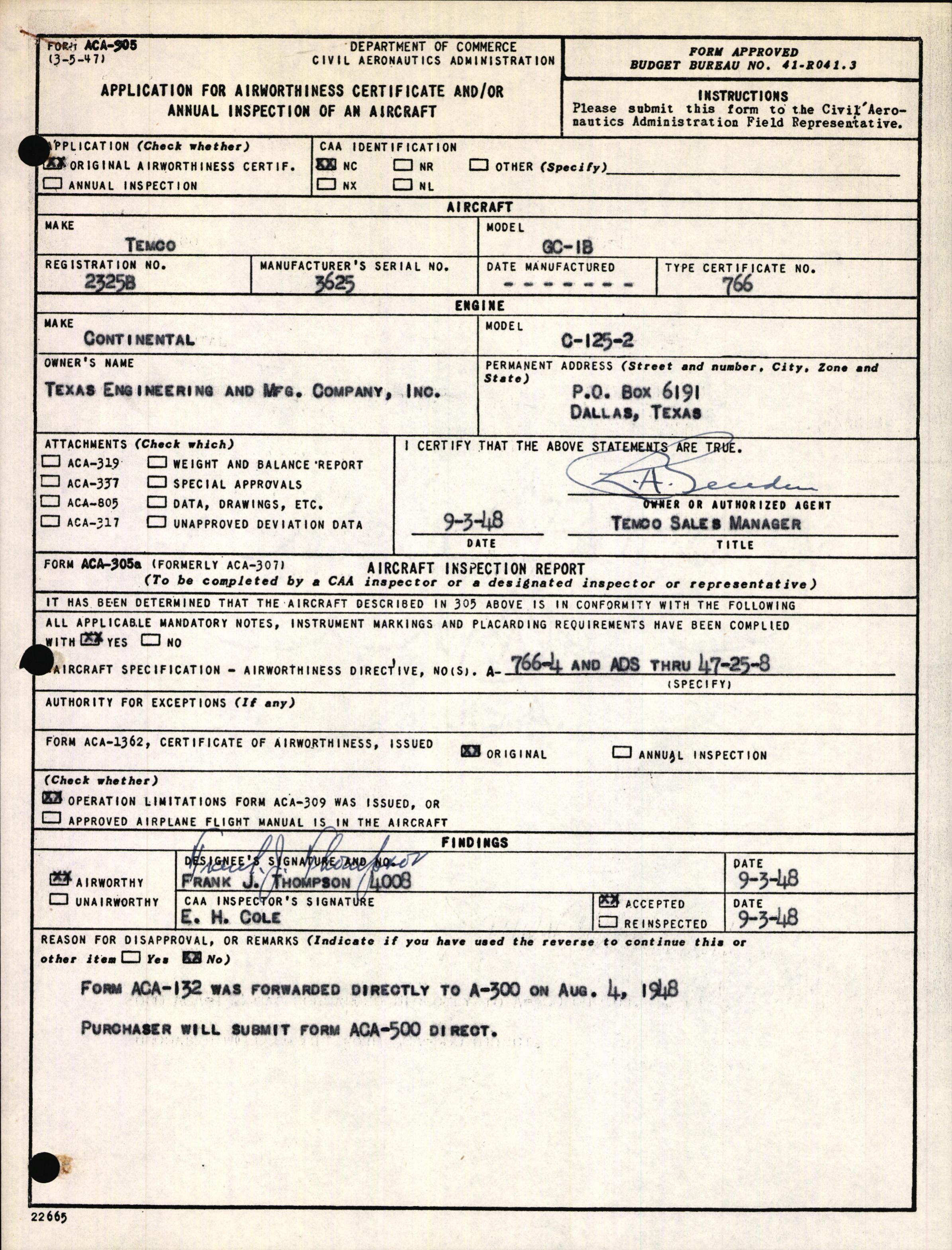 Sample page 1 from AirCorps Library document: Technical Information for Serial Number 3625