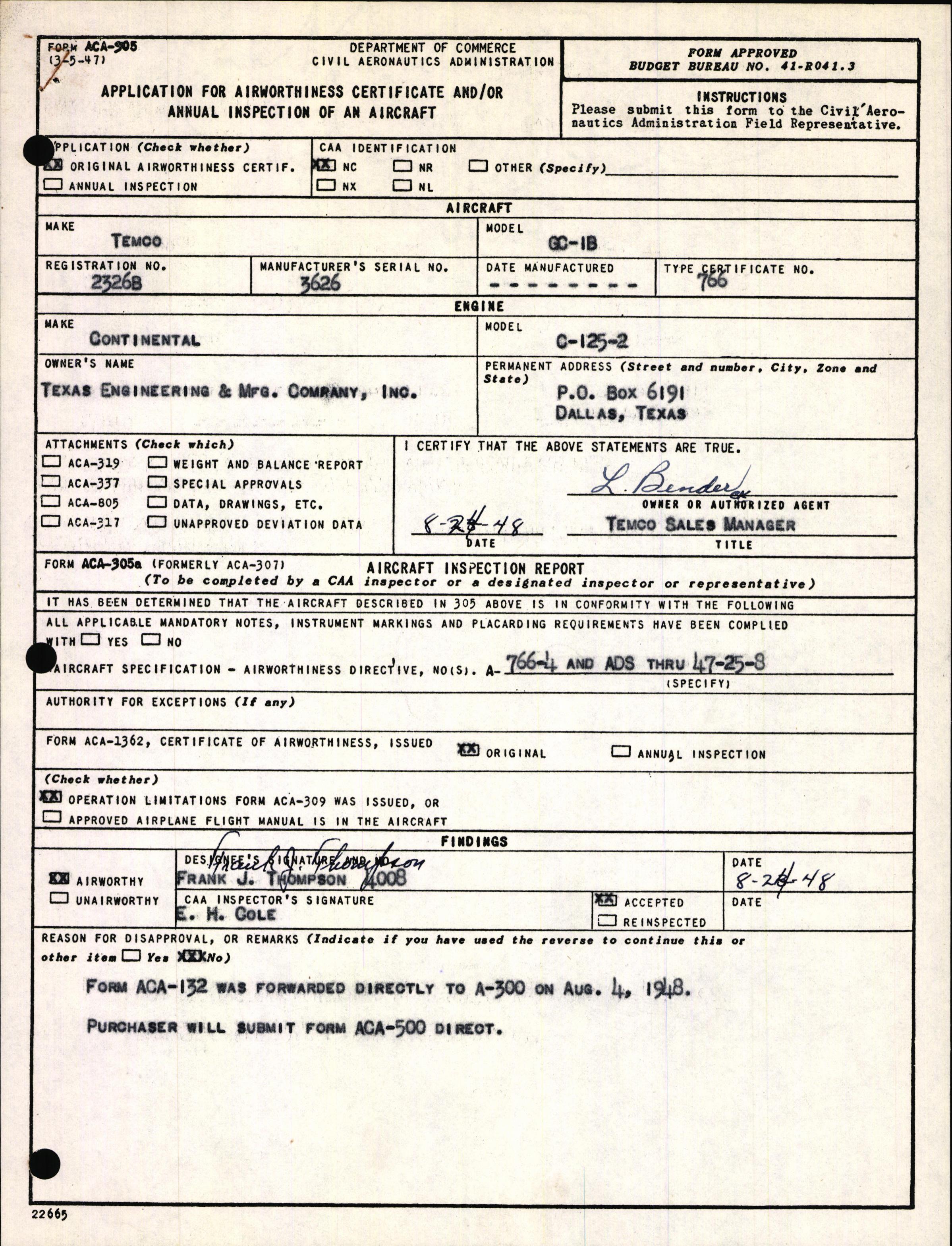 Sample page 1 from AirCorps Library document: Technical Information for Serial Number 3626