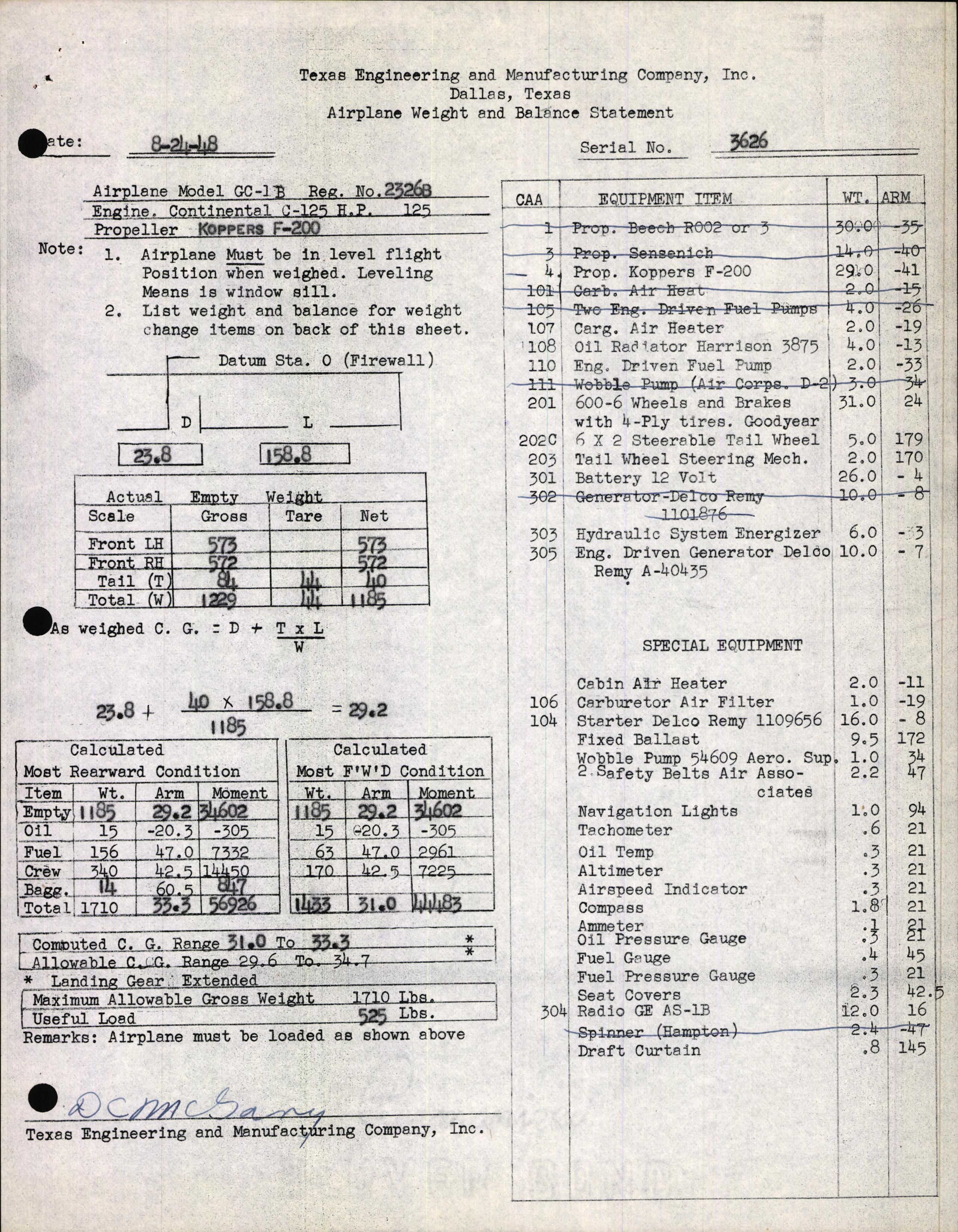 Sample page 2 from AirCorps Library document: Technical Information for Serial Number 3626