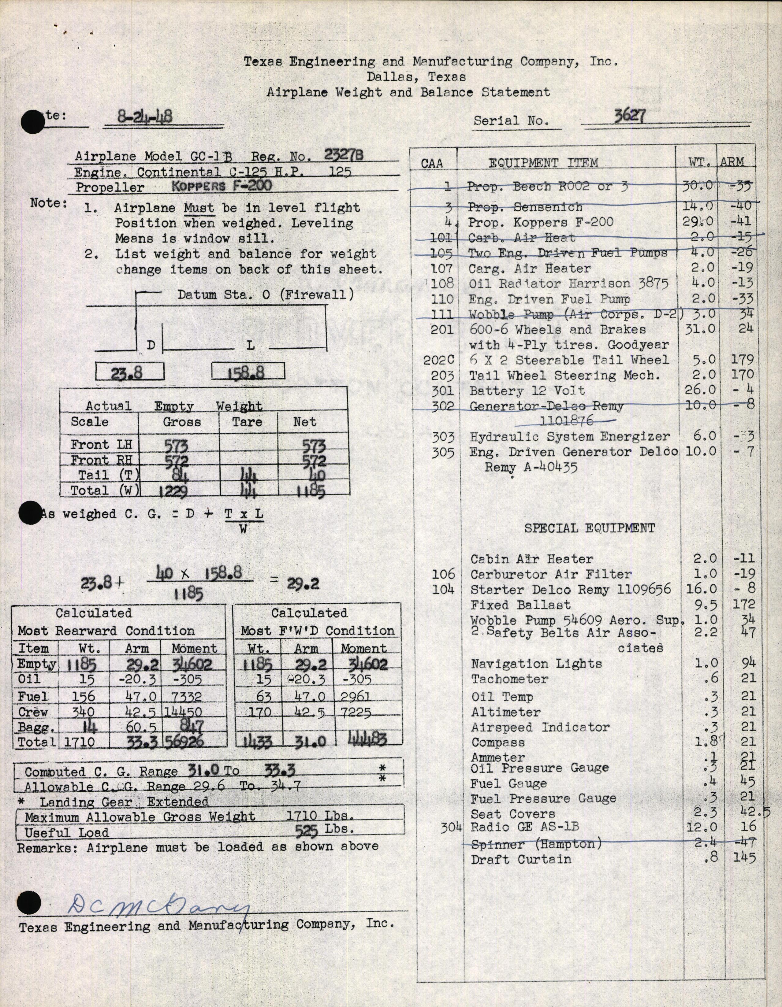 Sample page 4 from AirCorps Library document: Technical Information for Serial Number 3627