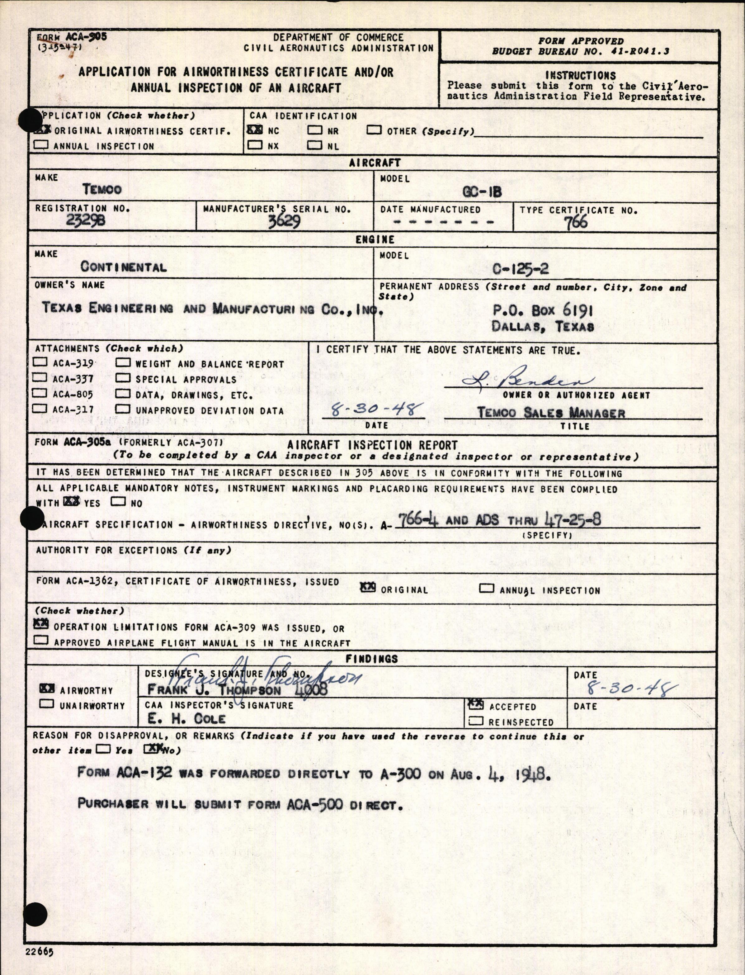 Sample page 1 from AirCorps Library document: Technical Information for Serial Number 3629