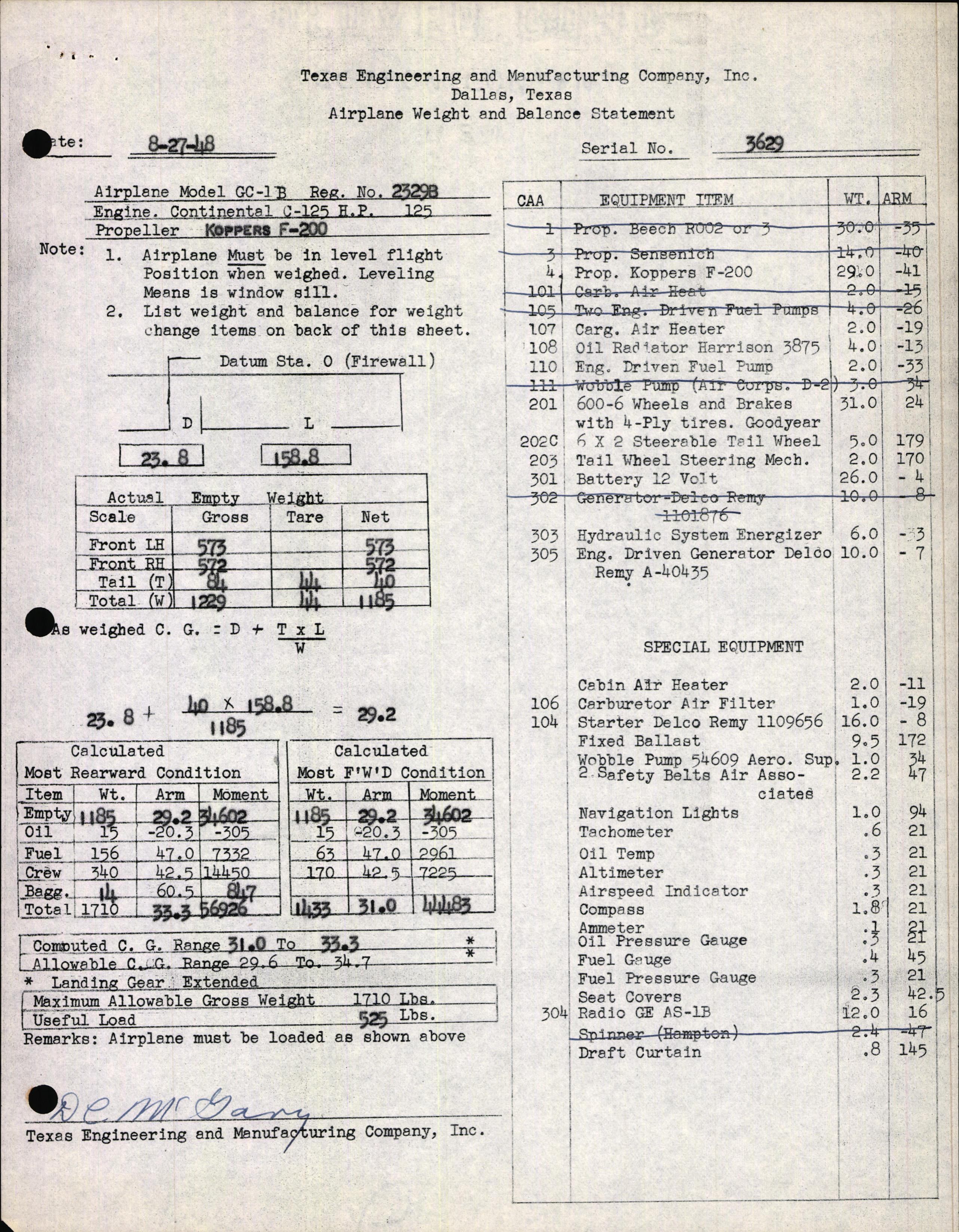 Sample page 2 from AirCorps Library document: Technical Information for Serial Number 3629