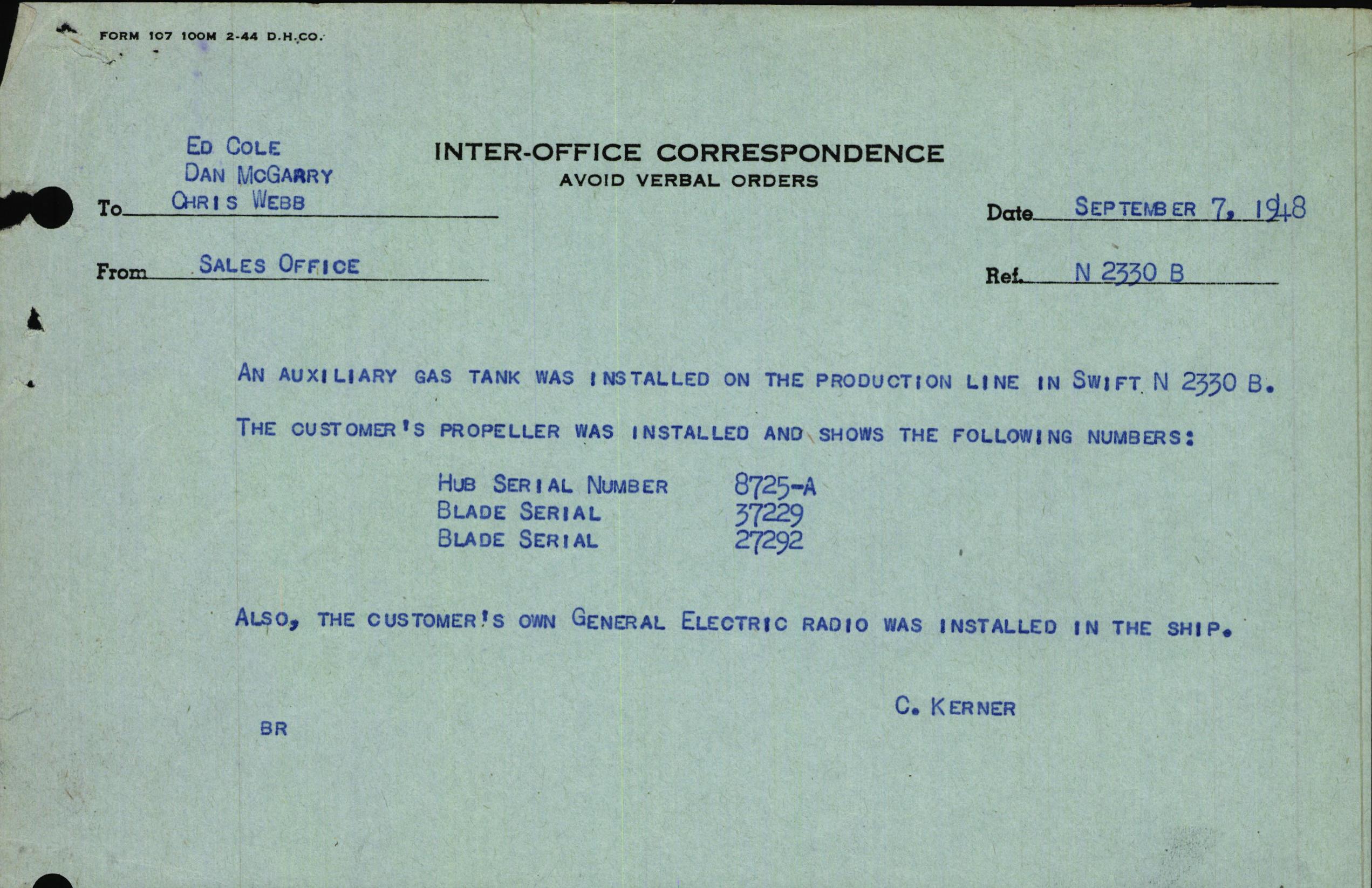 Sample page 1 from AirCorps Library document: Technical Information for Serial Number 3630