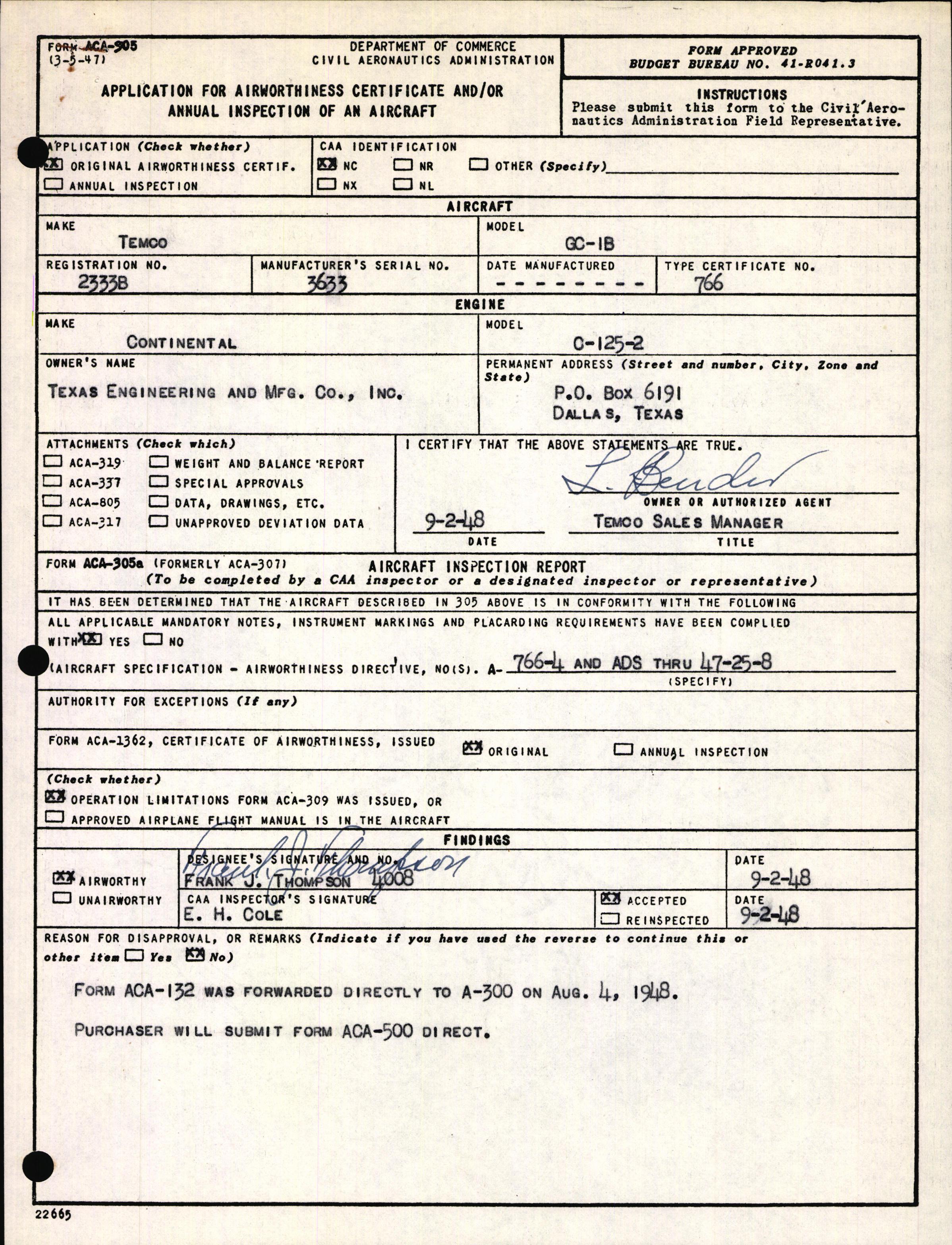 Sample page 1 from AirCorps Library document: Technical Information for Serial Number 3633