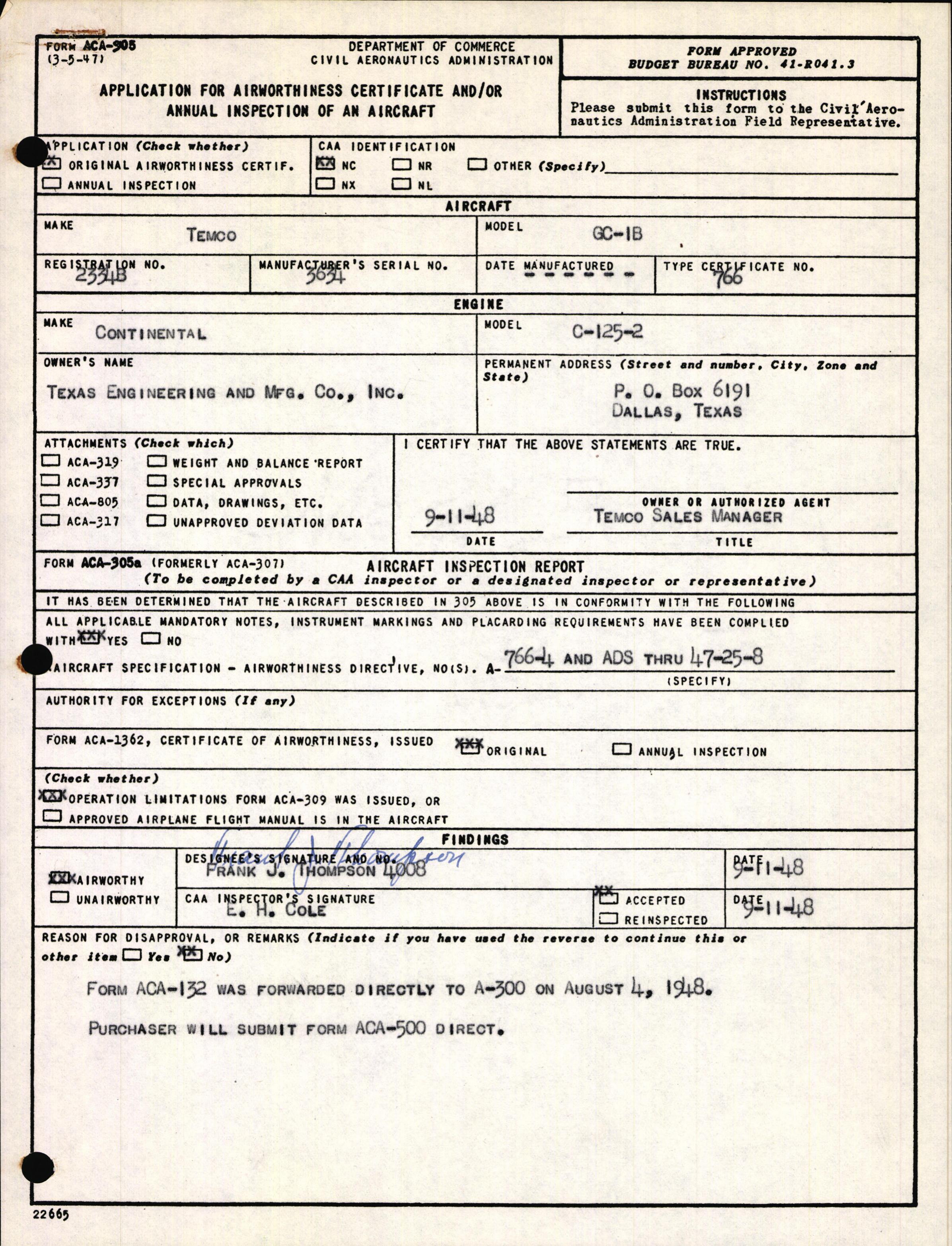 Sample page 1 from AirCorps Library document: Technical Information for Serial Number 3634